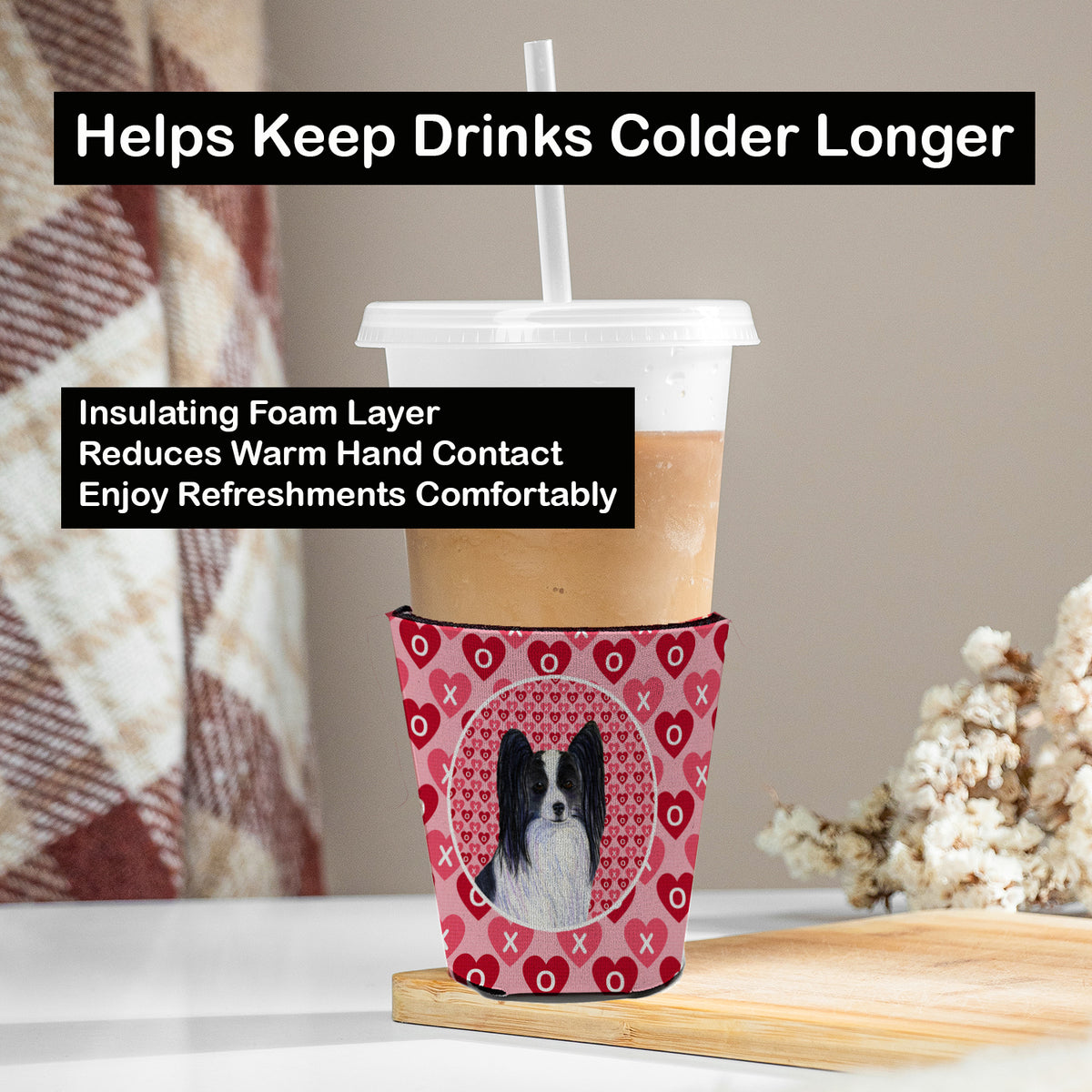 Caroline's Treasures Papillon Hearts Love and Valentine's Day Portrait Red Cup Hugger Sleeve for 16–22 oz Party Cups, Insulated Foam Drink Holder for Iced Coffee, Tailgate & BBQ Reusable