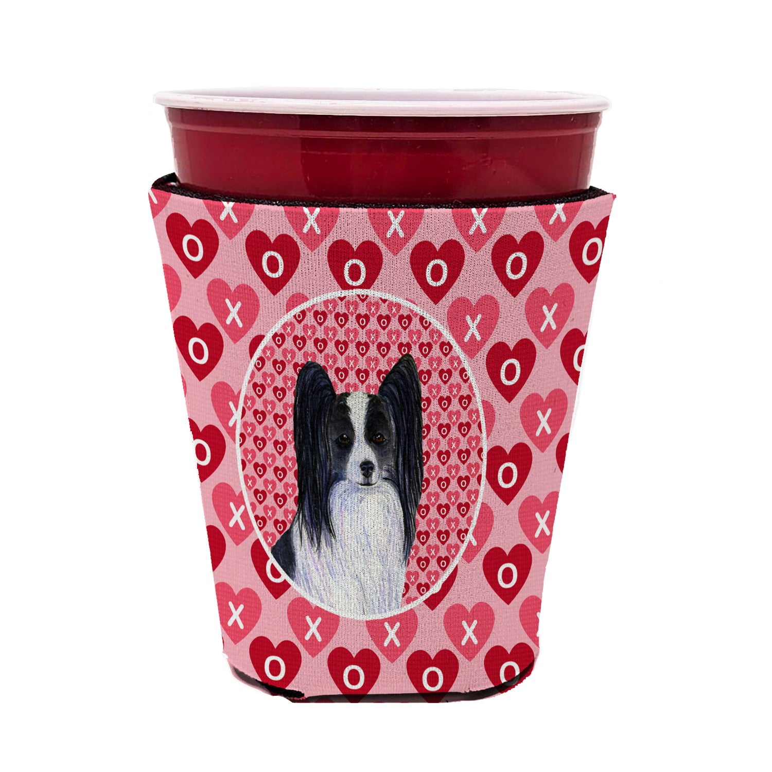 Caroline's Treasures Papillon Hearts Love and Valentine's Day Portrait Red Cup Hugger Sleeve for 16–22 oz Party Cups, Insulated Foam Drink Holder for Iced Coffee, Tailgate & BBQ Reusable