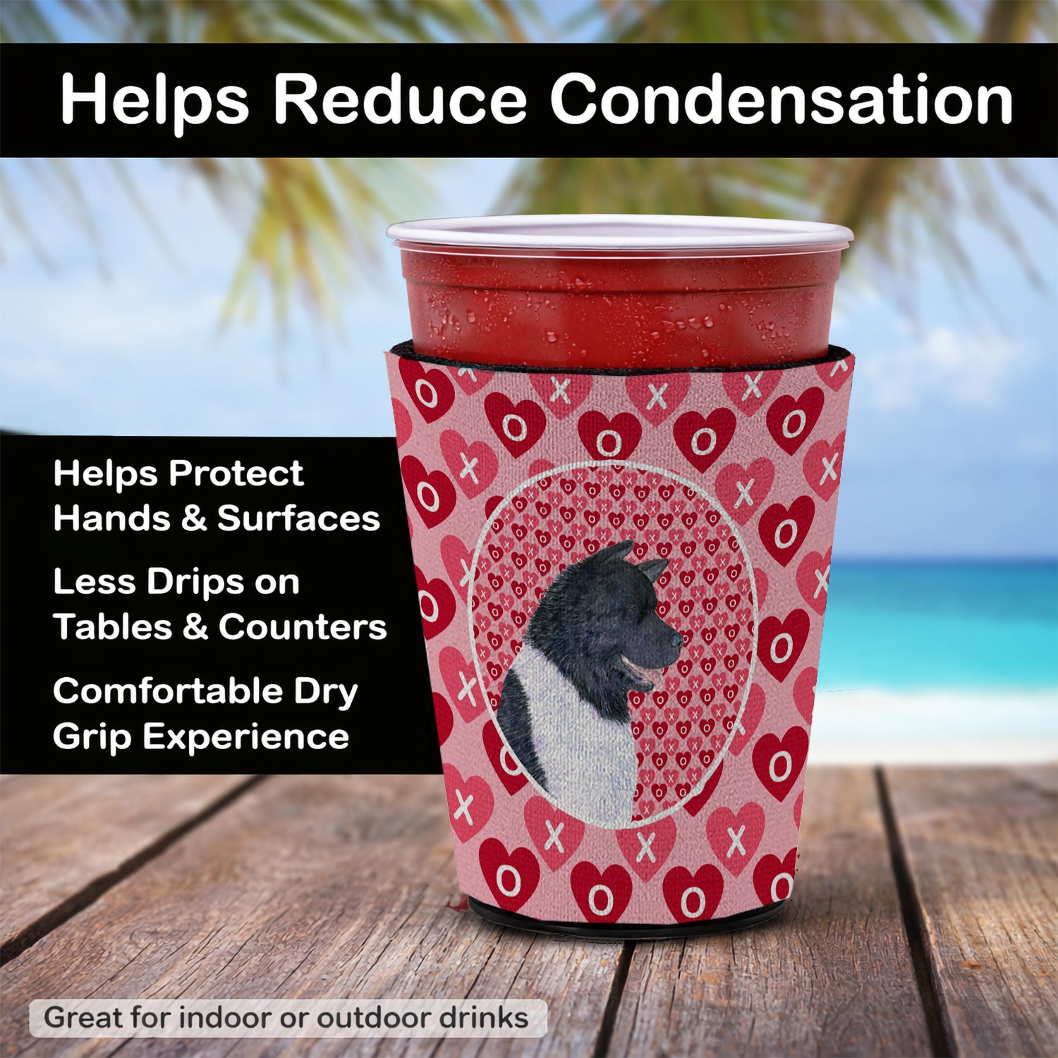 Caroline's Treasures Akita Hearts Love and Valentine's Day Portrait Red Cup Hugger Sleeve for 16–22 oz Party Cups, Insulated Foam Drink Holder for Iced Coffee, Tailgate & BBQ Reusable