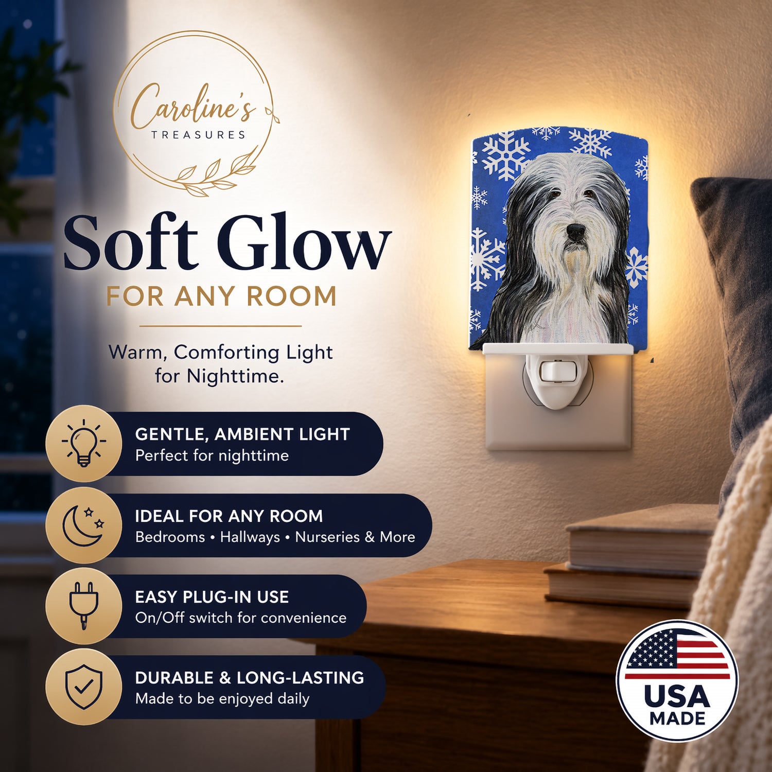 Caroline's Treasures Bearded Collie Winter Snowflakes Holiday Ceramic Night Light Compact, UL-Certified, Ideal for Bedroom, Bathroom, Nursery, Hallway, Kitchen, 6x4x3, Multicolor