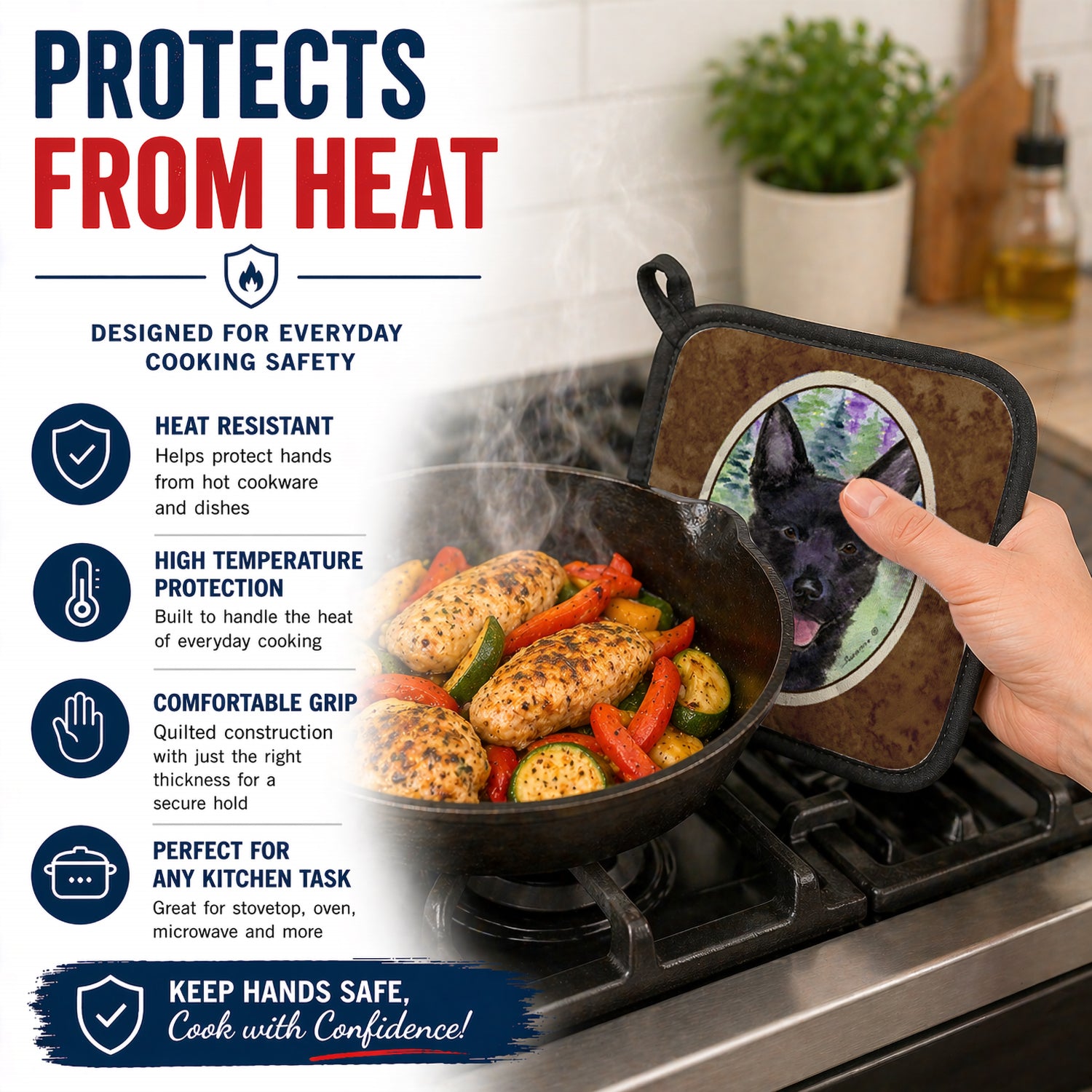 Caroline's Treasures Australian Kelpie Pot Holder Set of 2 Heat Resistant Quilted Hot Pads 7.5 x 7.5 Inch, Insulated Kitchen Trivets for Cooking & Baking