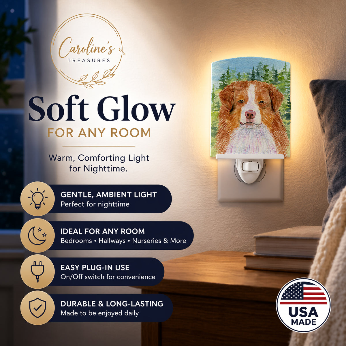 Caroline's Treasures Australian Shepherd Ceramic Night Light Compact, UL-Certified, Ideal for Bedroom, Bathroom, Nursery, Hallway, Kitchen, 6x4x3, Multicolor