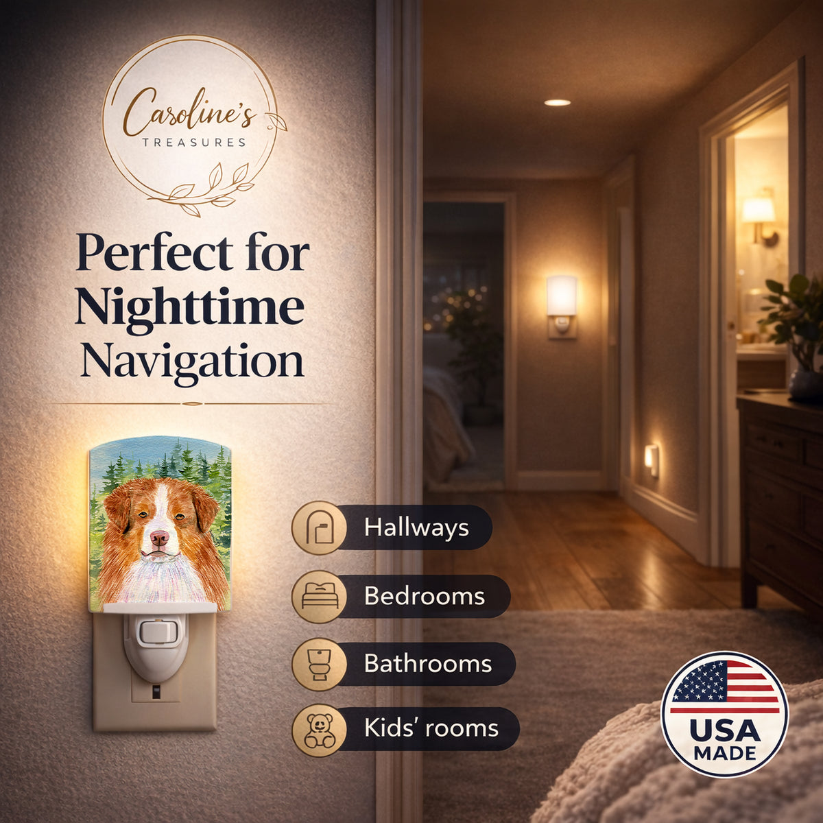 Caroline's Treasures Australian Shepherd Ceramic Night Light Compact, UL-Certified, Ideal for Bedroom, Bathroom, Nursery, Hallway, Kitchen, 6x4x3, Multicolor