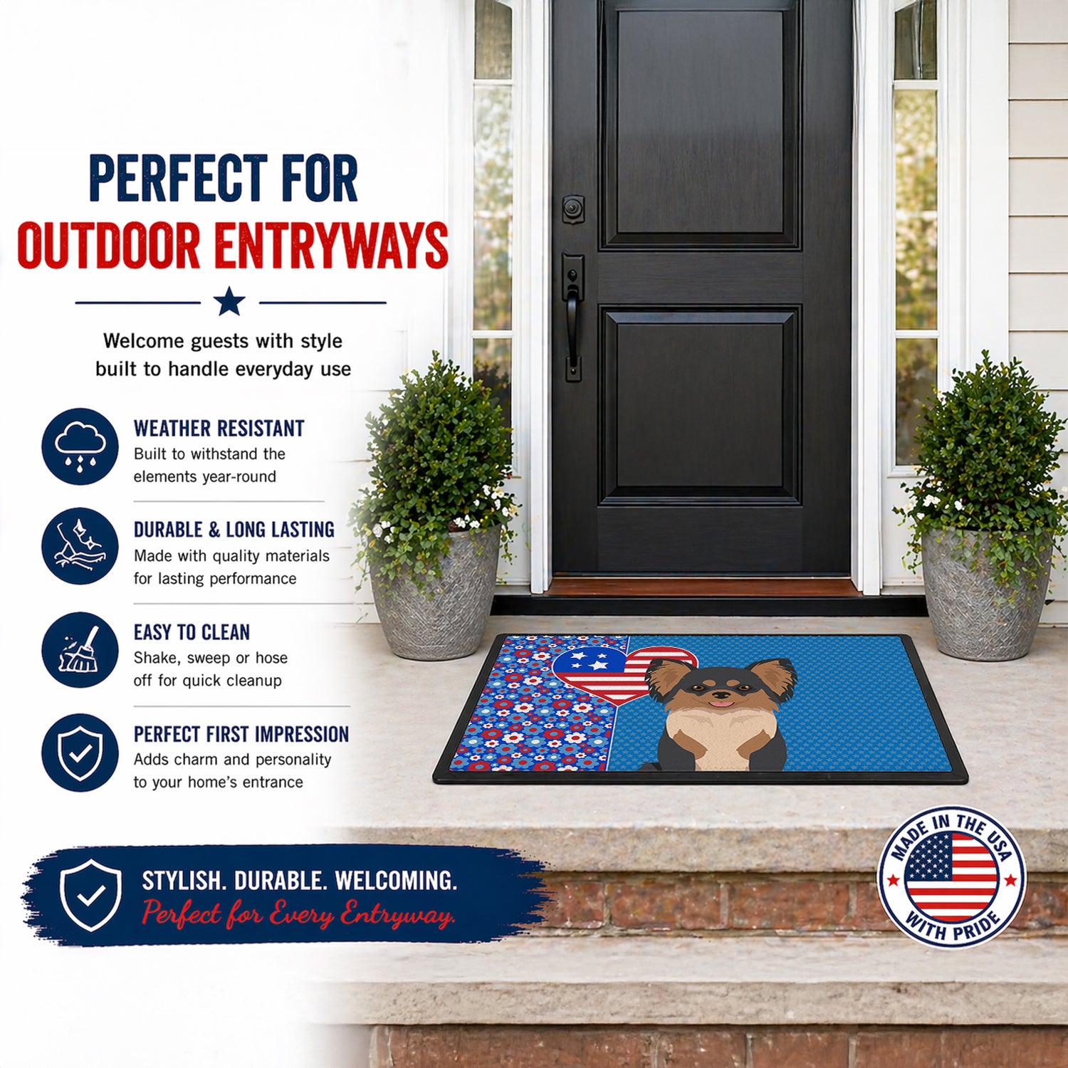 Caroline's Treasures Longhaired Black and Tan Chihuahua USA American Doormat Indoor Outdoor 24H X 36W Front Door Mat Rugs for Entryway, Non Slip Washable Low Pile,