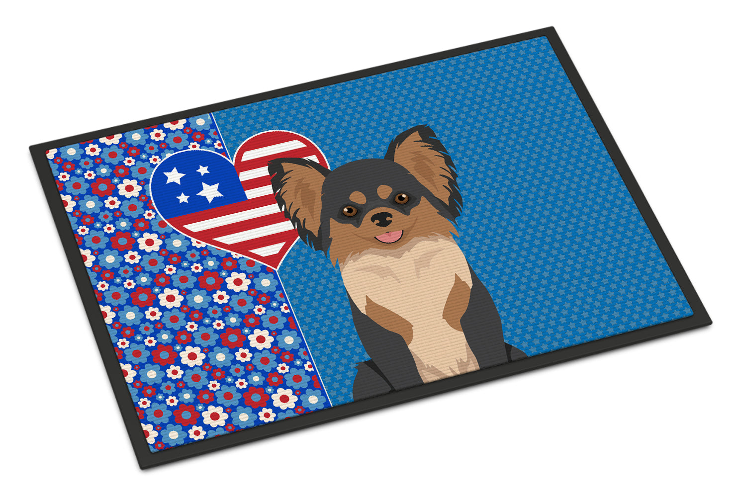 Caroline's Treasures Longhaired Black and Tan Chihuahua USA American Doormat Indoor Outdoor 24H X 36W Front Door Mat Rugs for Entryway, Non Slip Washable Low Pile,