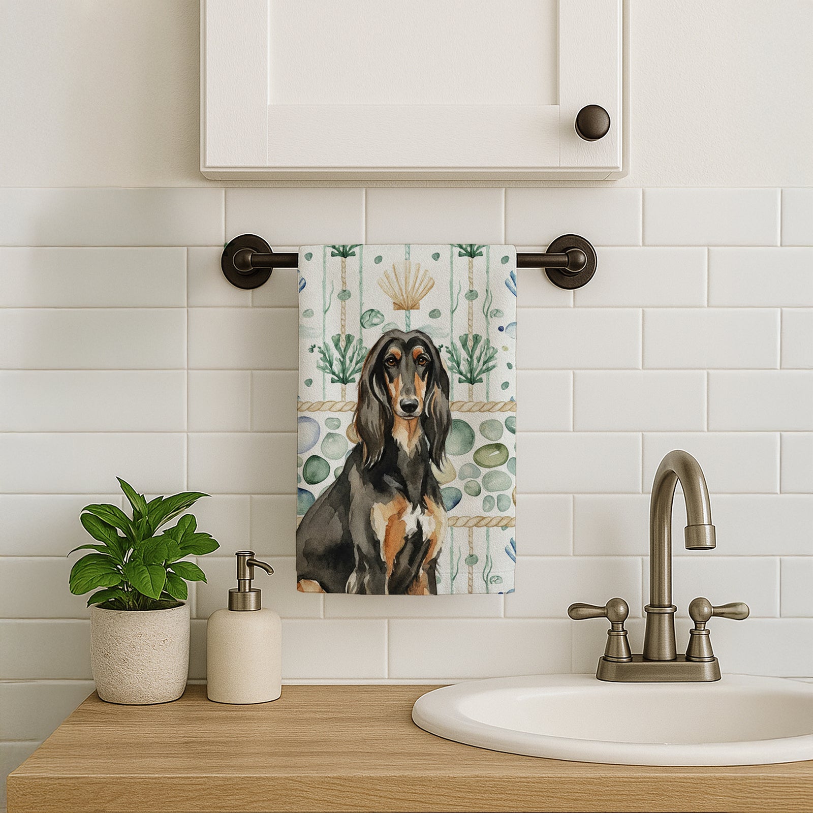 Caroline's Treasures Black & Tan Afghan Hound Coastal Sea Glass Kitchen Towel
