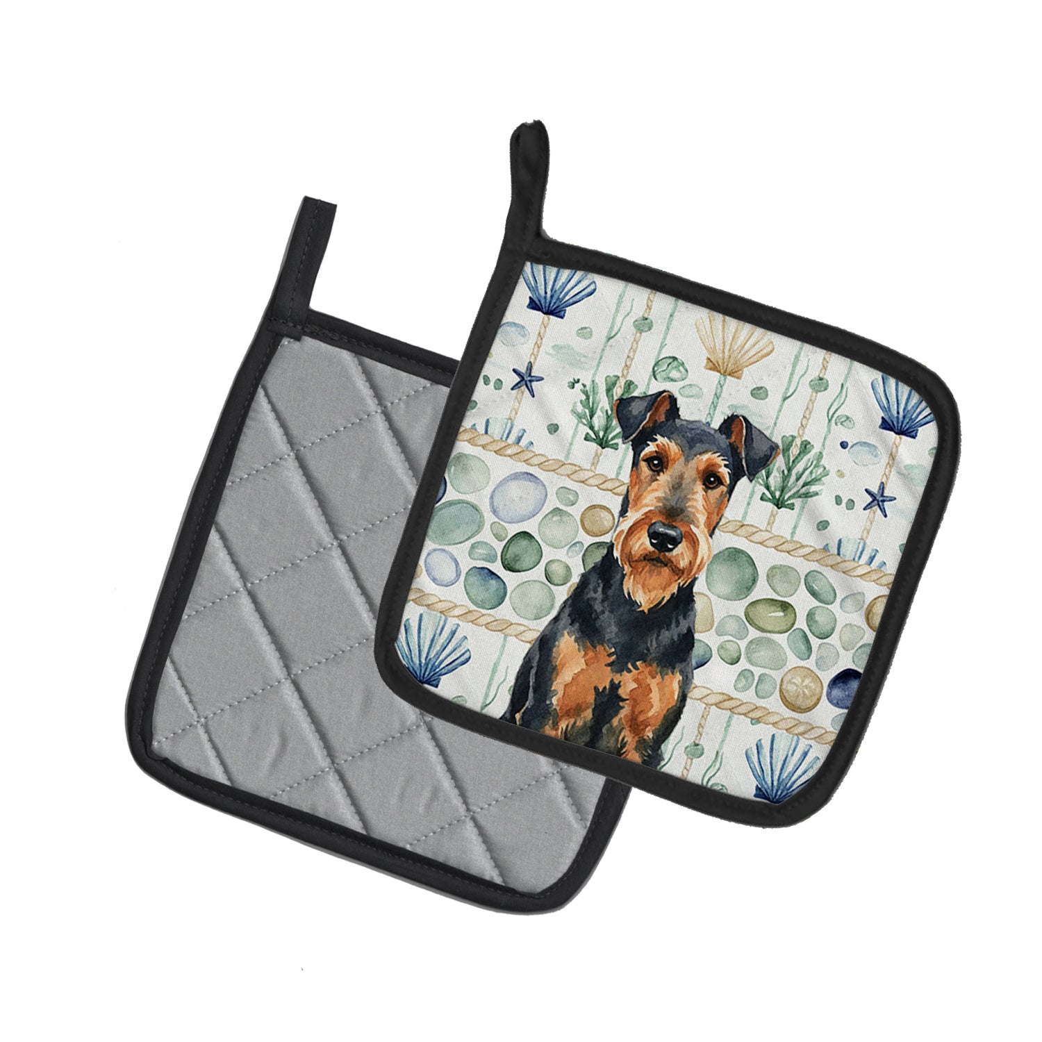 Caroline's Treasures Airedale Terrier Coastal Sea Glass Pair of Pot Holders