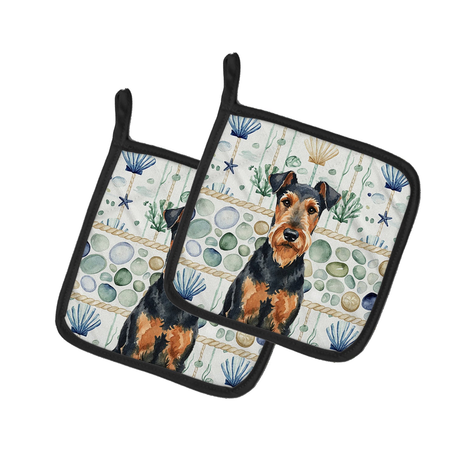 Caroline's Treasures Airedale Terrier Coastal Sea Glass Pair of Pot Holders