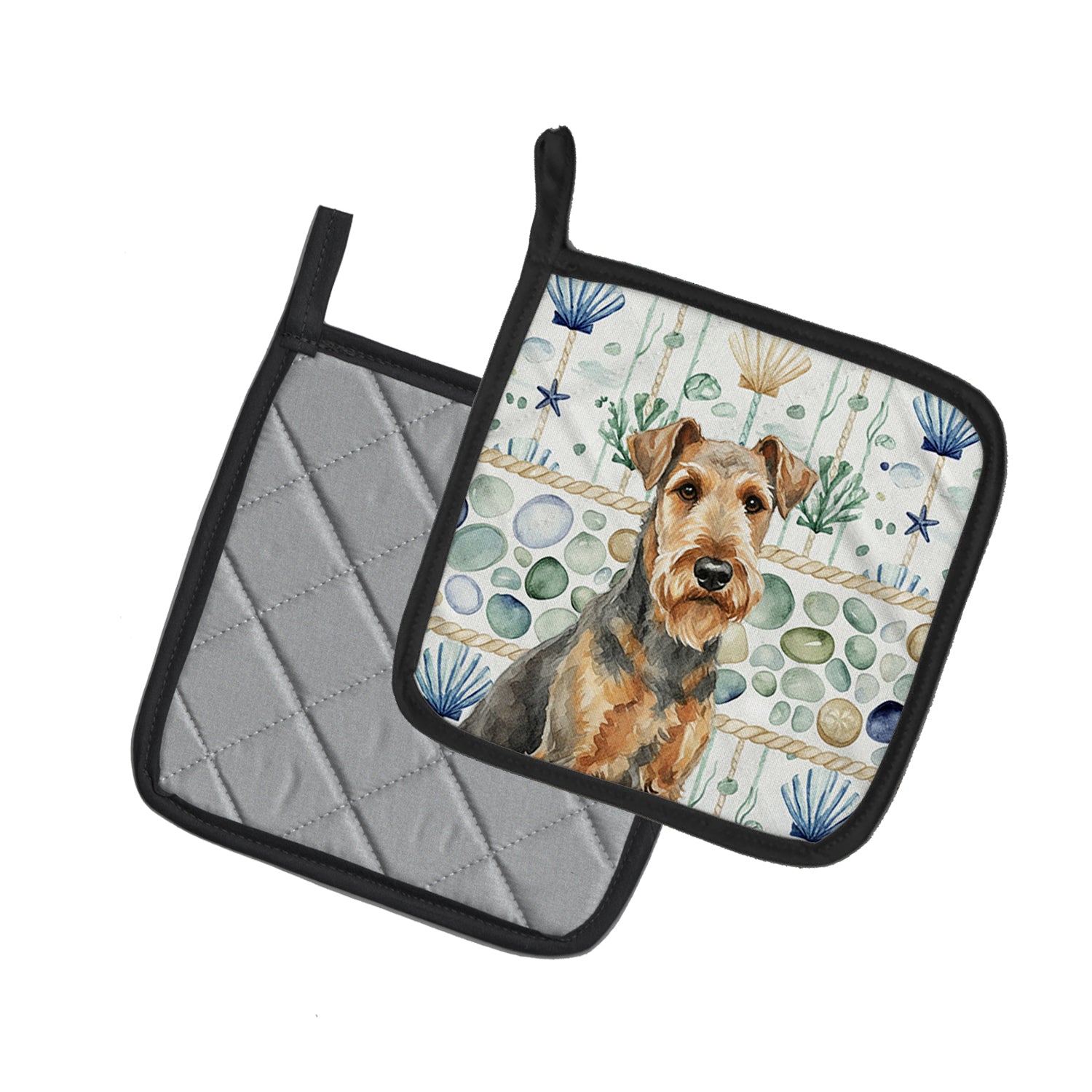 Caroline's Treasures Grizzle Airedale Terrier Coastal Sea Glass Pair of Pot Holders