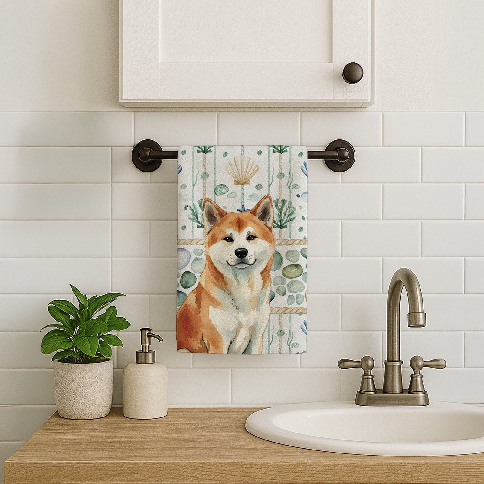 Caroline's Treasures Red Akita Coastal Sea Glass Kitchen Towel