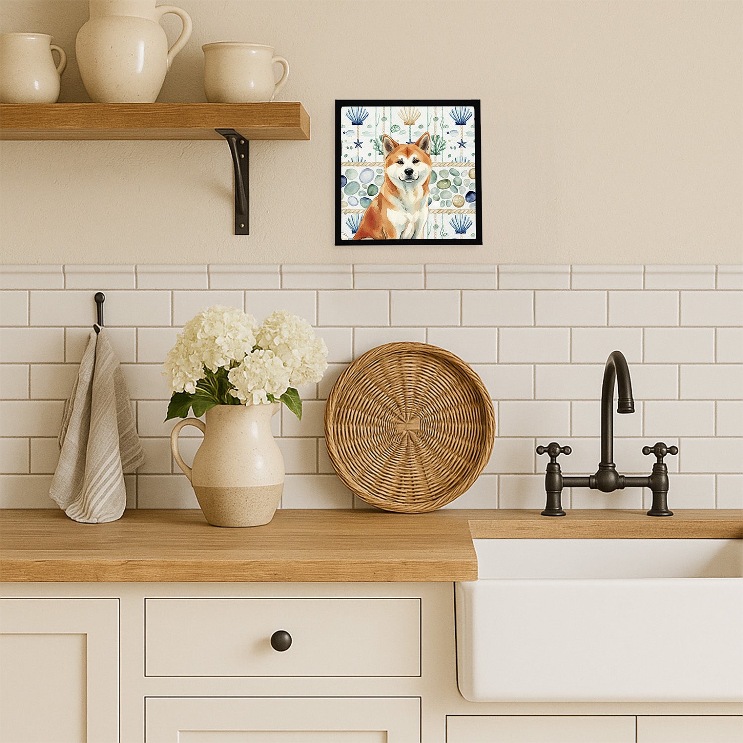 Caroline's Treasures Red Akita Coastal Sea Glass Framed Metal Print