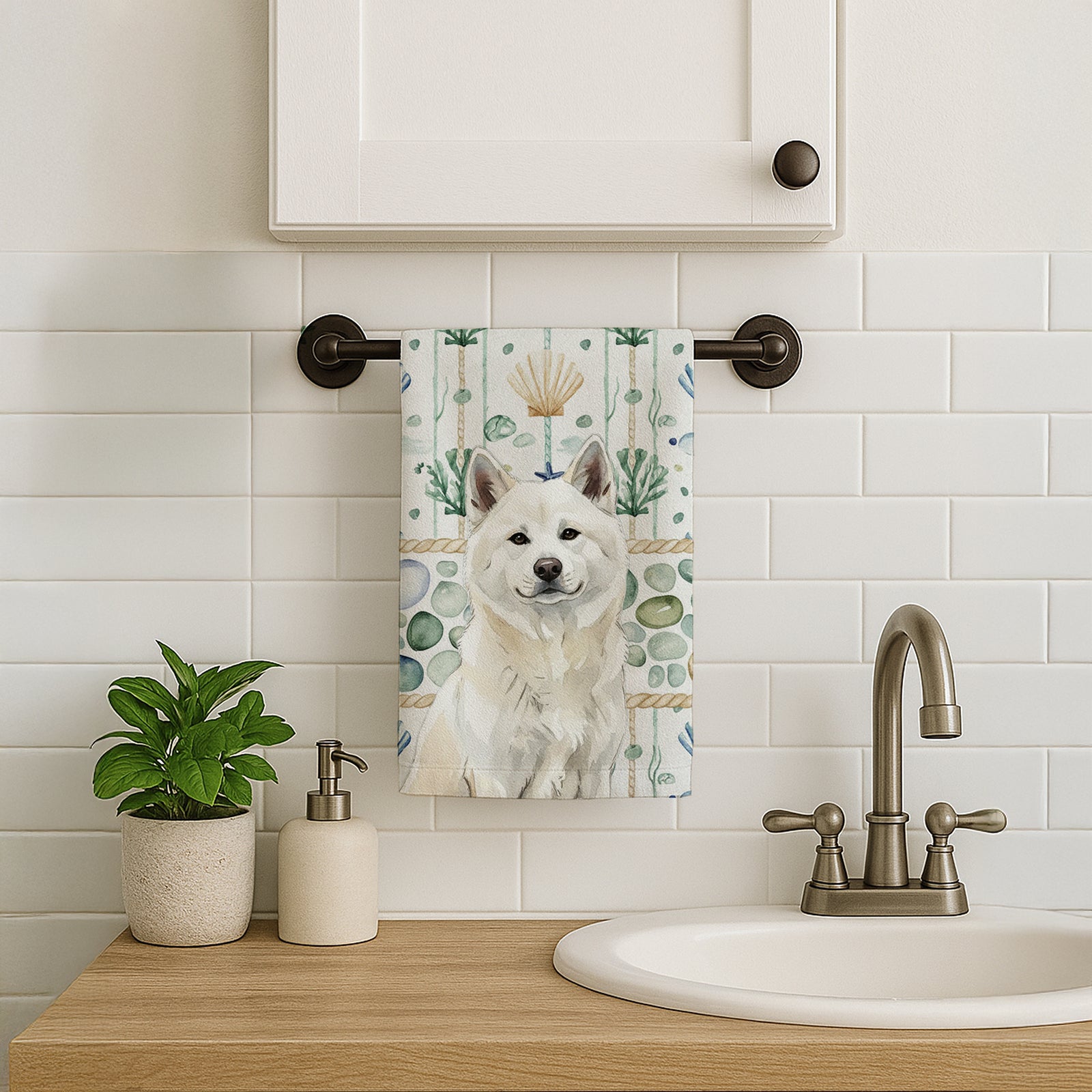 Caroline's Treasures White Akita Coastal Sea Glass Kitchen Towel