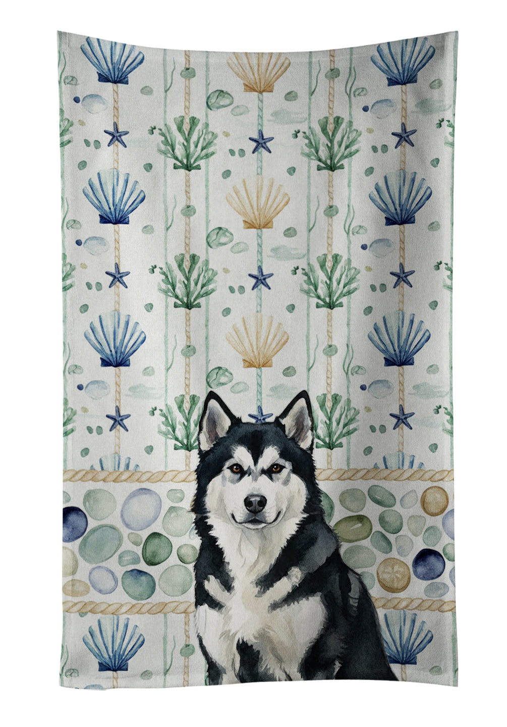 Caroline's Treasures Black and White Alaskan Malamute Coastal Sea Glass Kitchen Towel