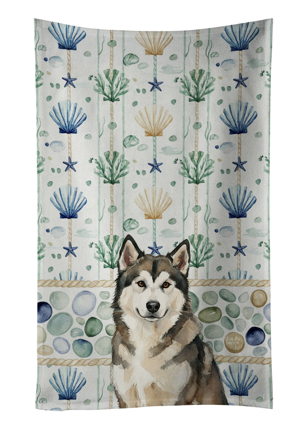 Caroline's Treasures Sable and White Alaskan Malamute Coastal Sea Glass Kitchen Towel