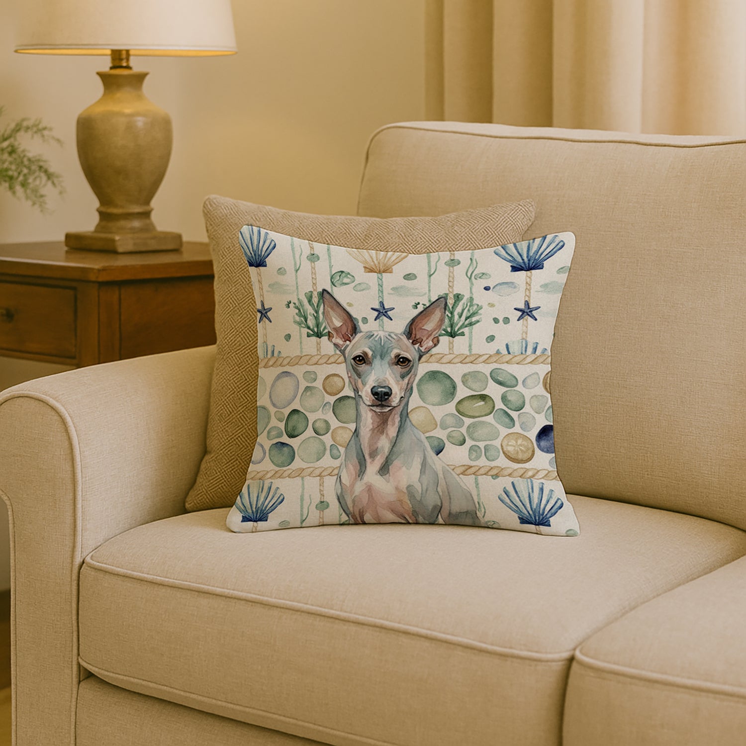 Caroline's Treasures American Hairless Terrier Coastal Sea Glass Throw Pillow