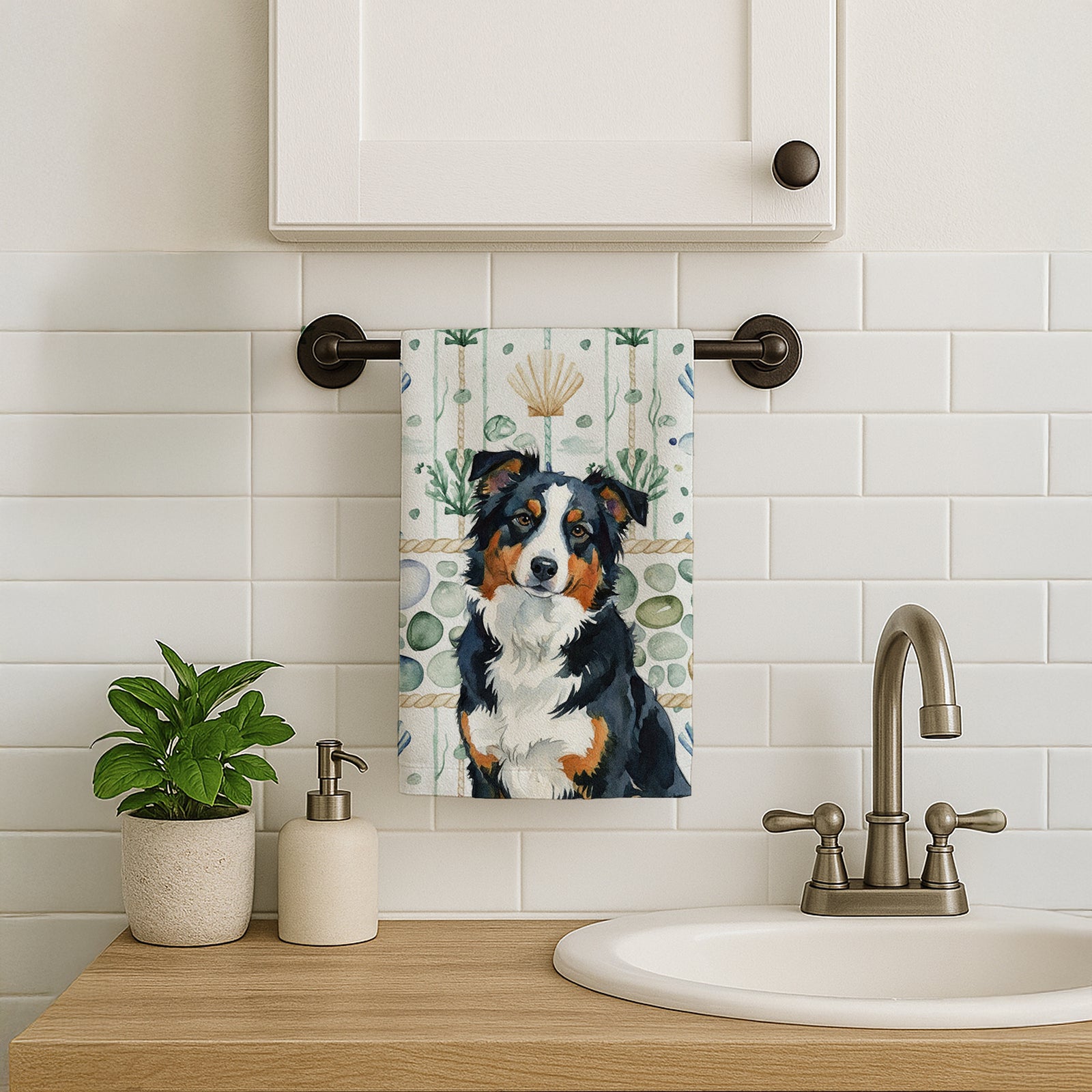 Caroline's Treasures Black Tri American Shepherd Coastal Sea Glass Kitchen Towel
