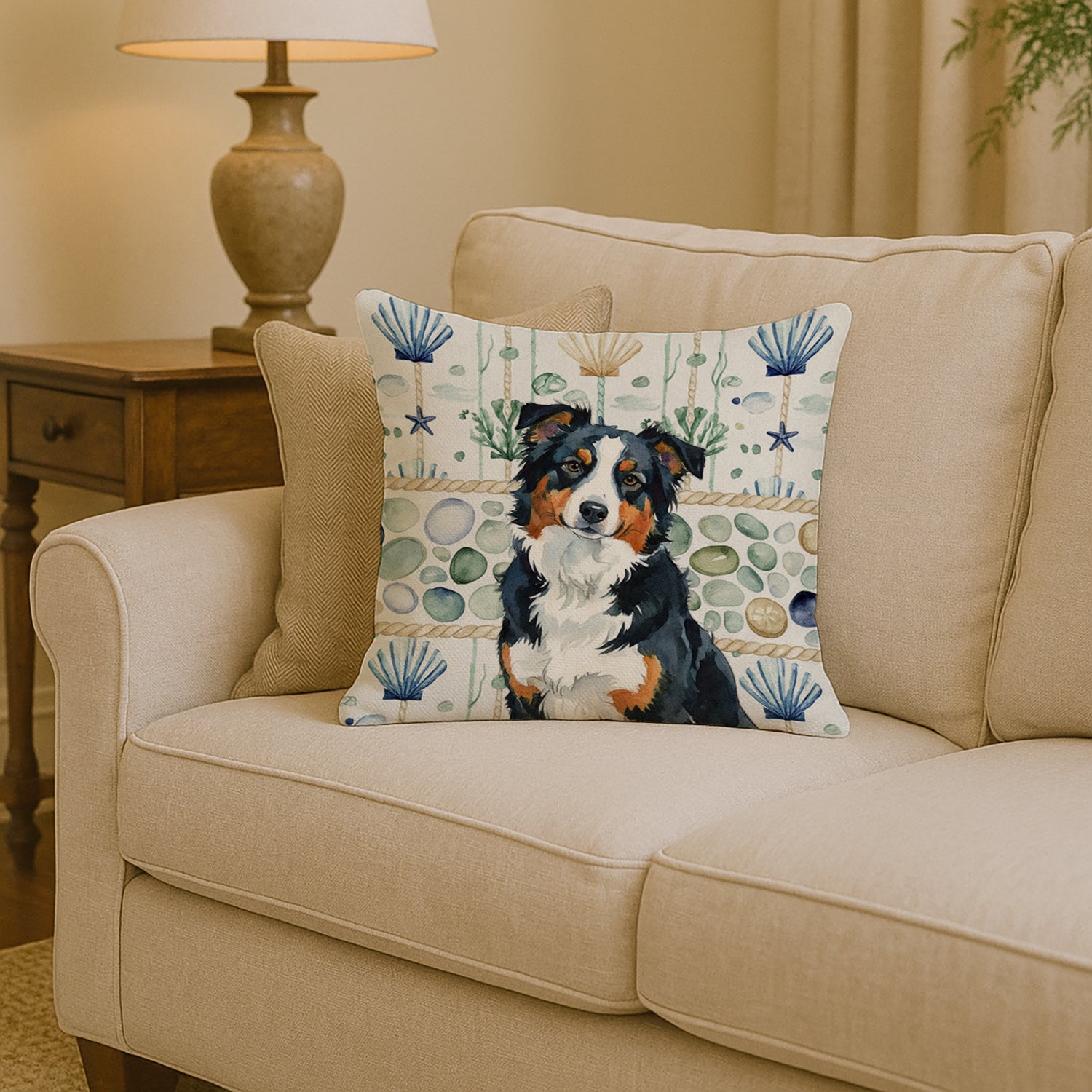 Caroline's Treasures Black Tri American Shepherd Coastal Sea Glass Throw Pillow