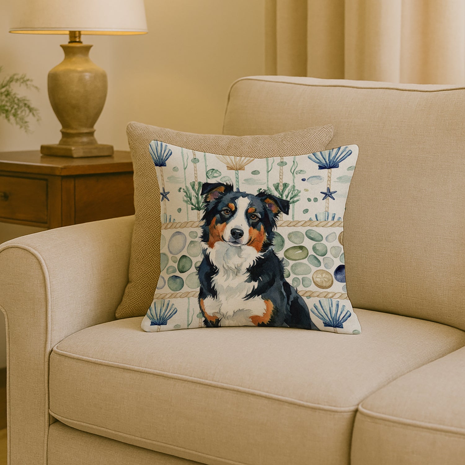 Caroline's Treasures Black Tri American Shepherd Coastal Sea Glass Throw Pillow