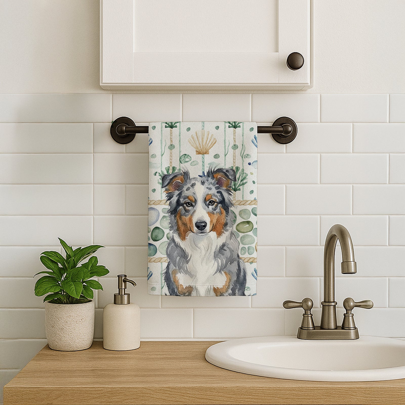 Caroline's Treasures Blue Merle American Shepherd Coastal Sea Glass Kitchen Towel
