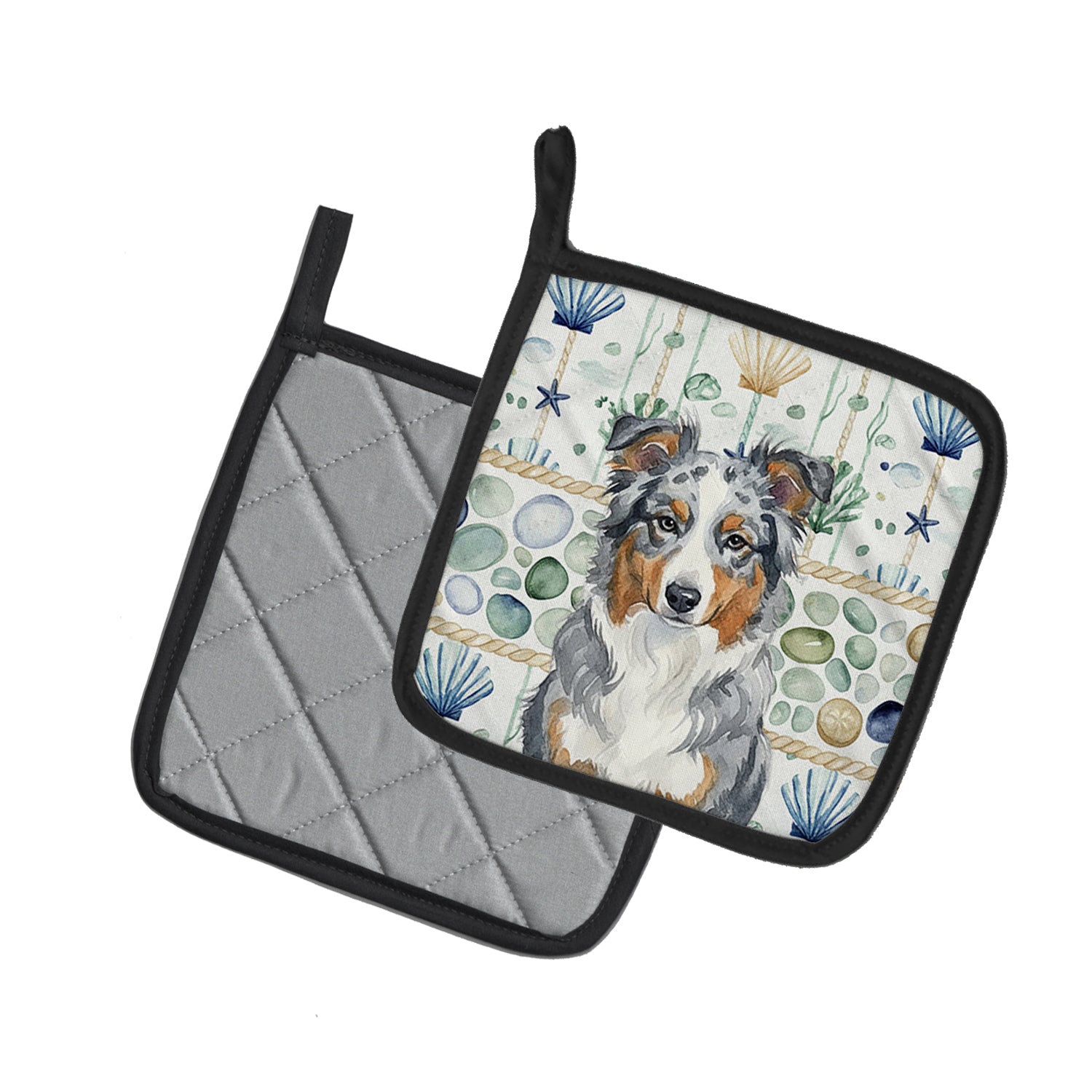 Caroline's Treasures Blue Merle American Shepherd Coastal Sea Glass Pair of Pot Holders