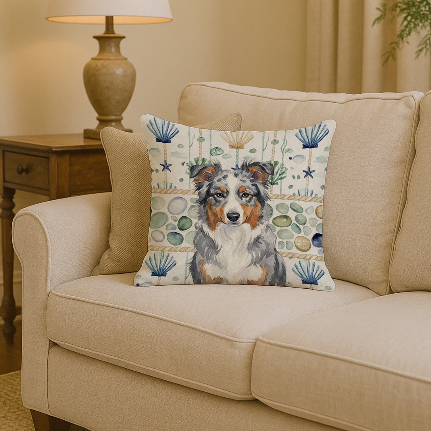 Caroline's Treasures Blue Merle American Shepherd Coastal Sea Glass Throw Pillow