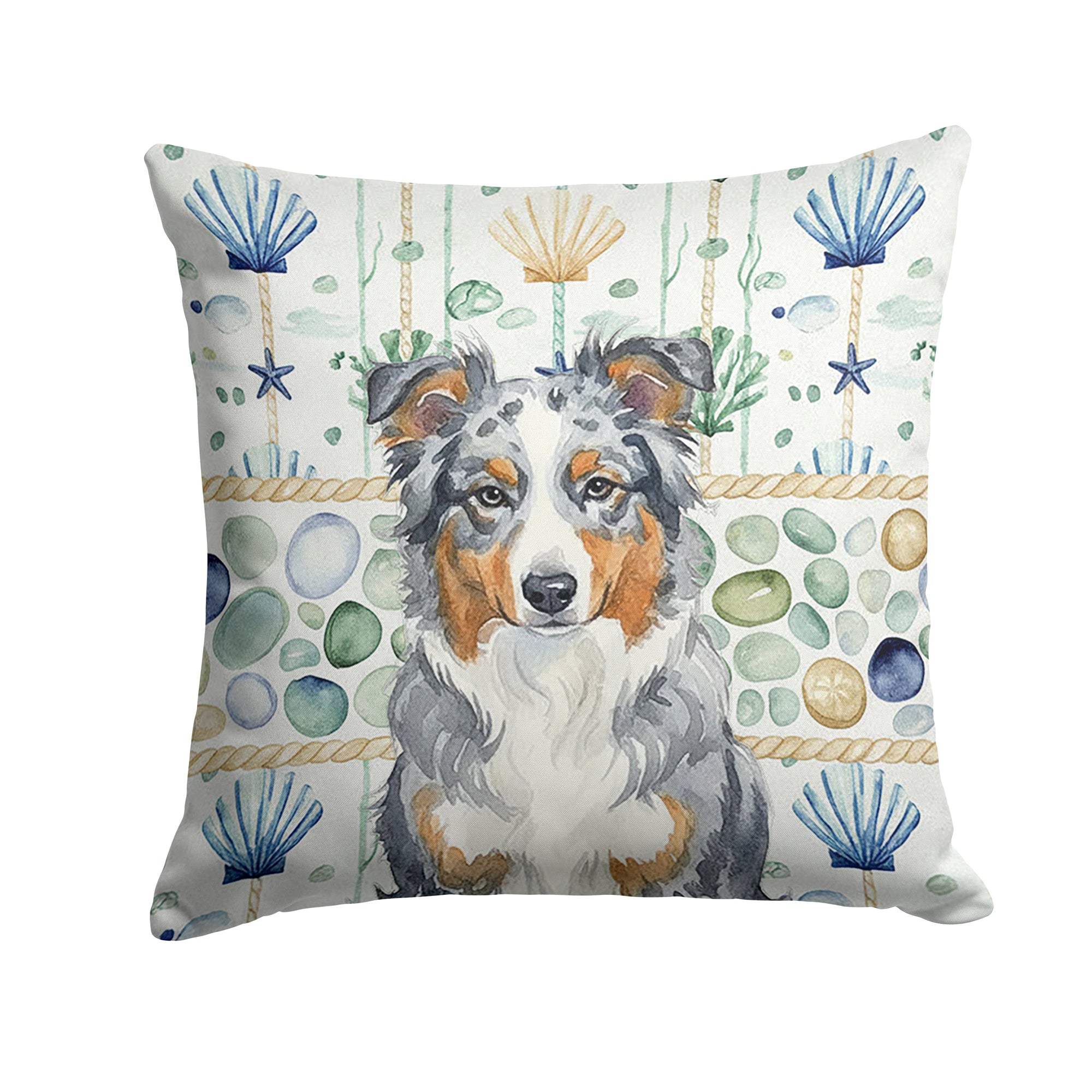 Caroline's Treasures Blue Merle American Shepherd Coastal Sea Glass Throw Pillow