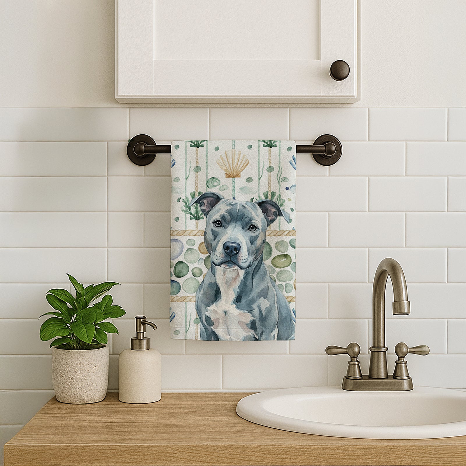 Caroline's Treasures Blue American Staffordshire Terrier Coastal Sea Glass Kitchen Towel