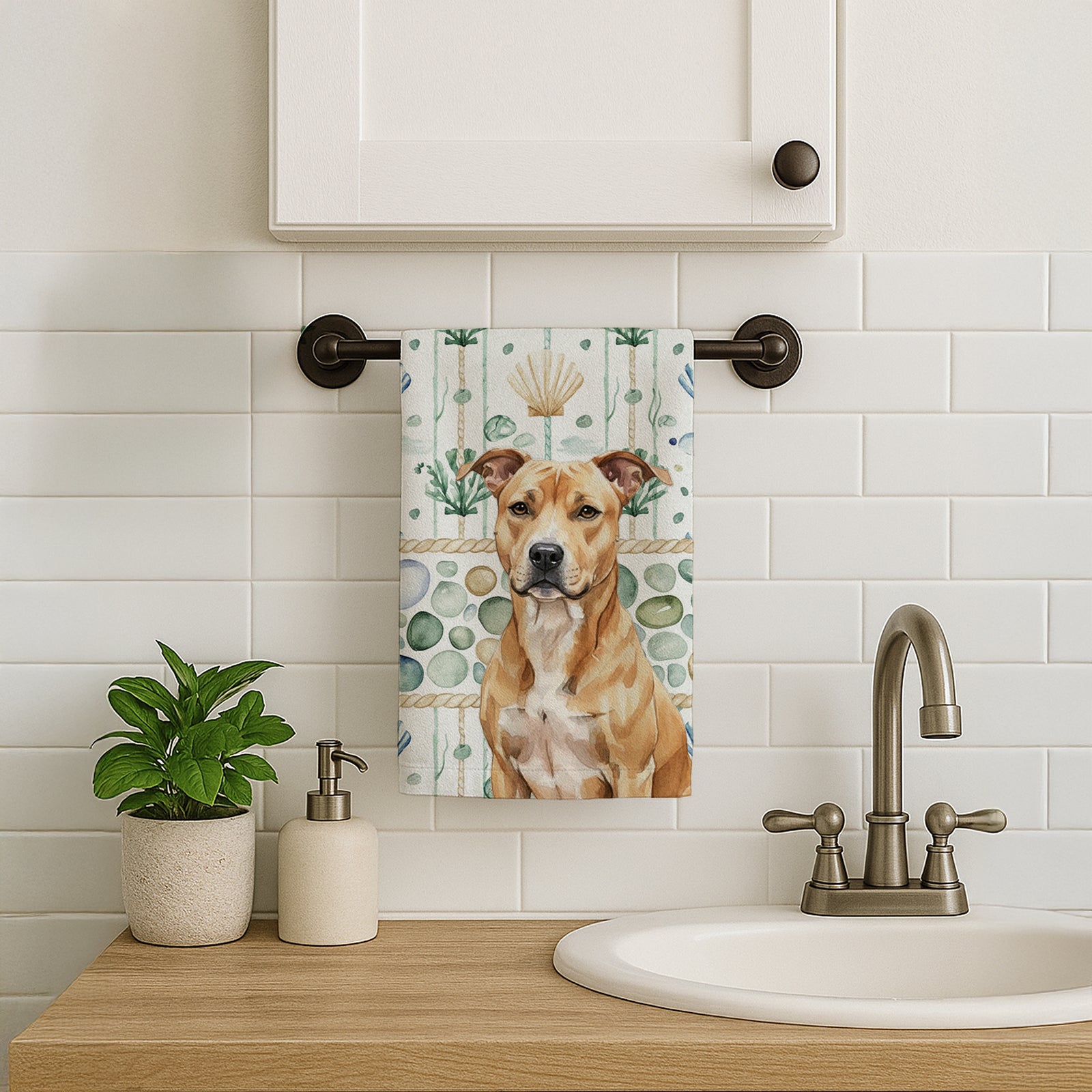 Caroline's Treasures Fawn American Staffordshire Terrier Coastal Sea Glass Kitchen Towel