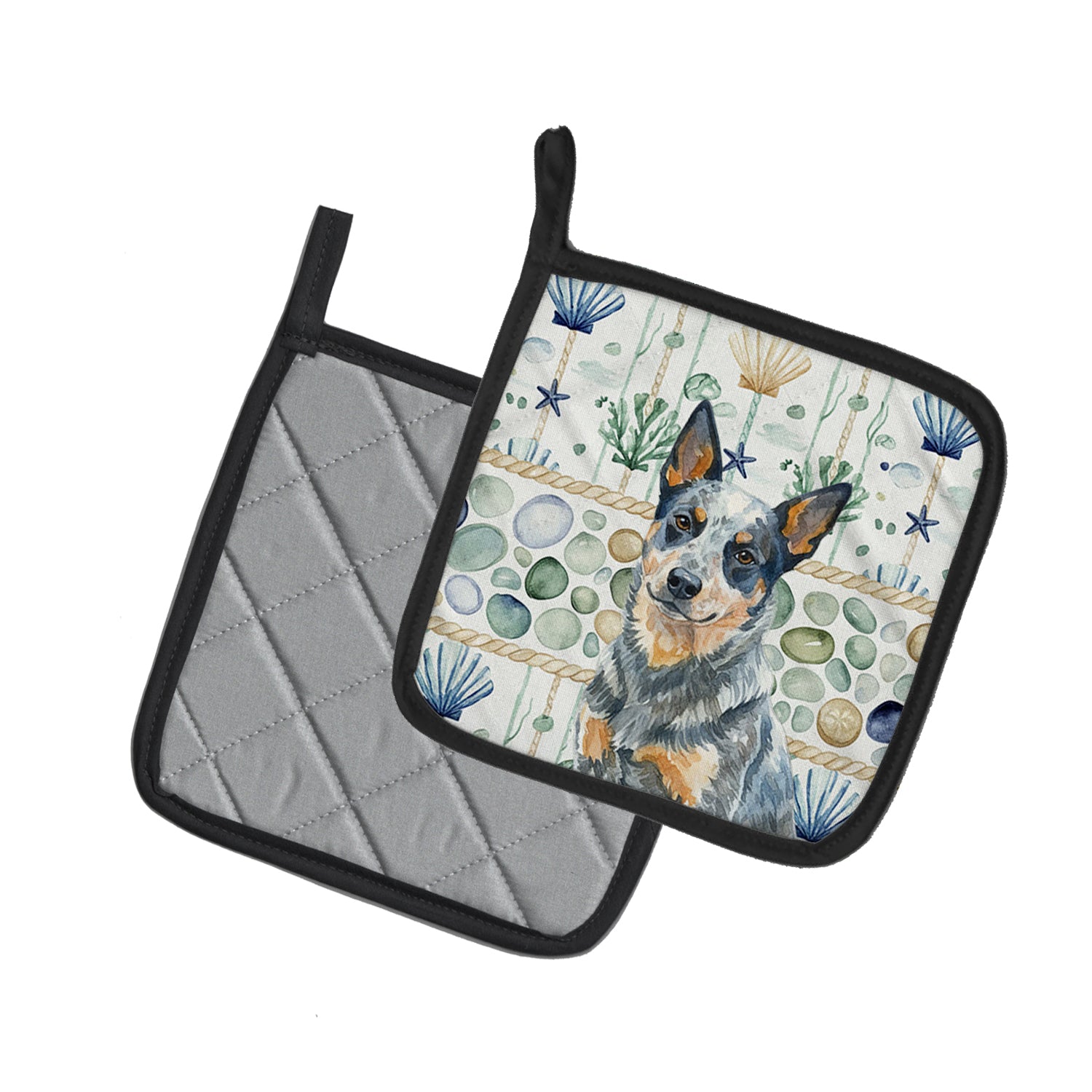 Caroline's Treasures Blue Heeler Australian Cattle Dog Coastal Sea Glass Pair of Pot Holders