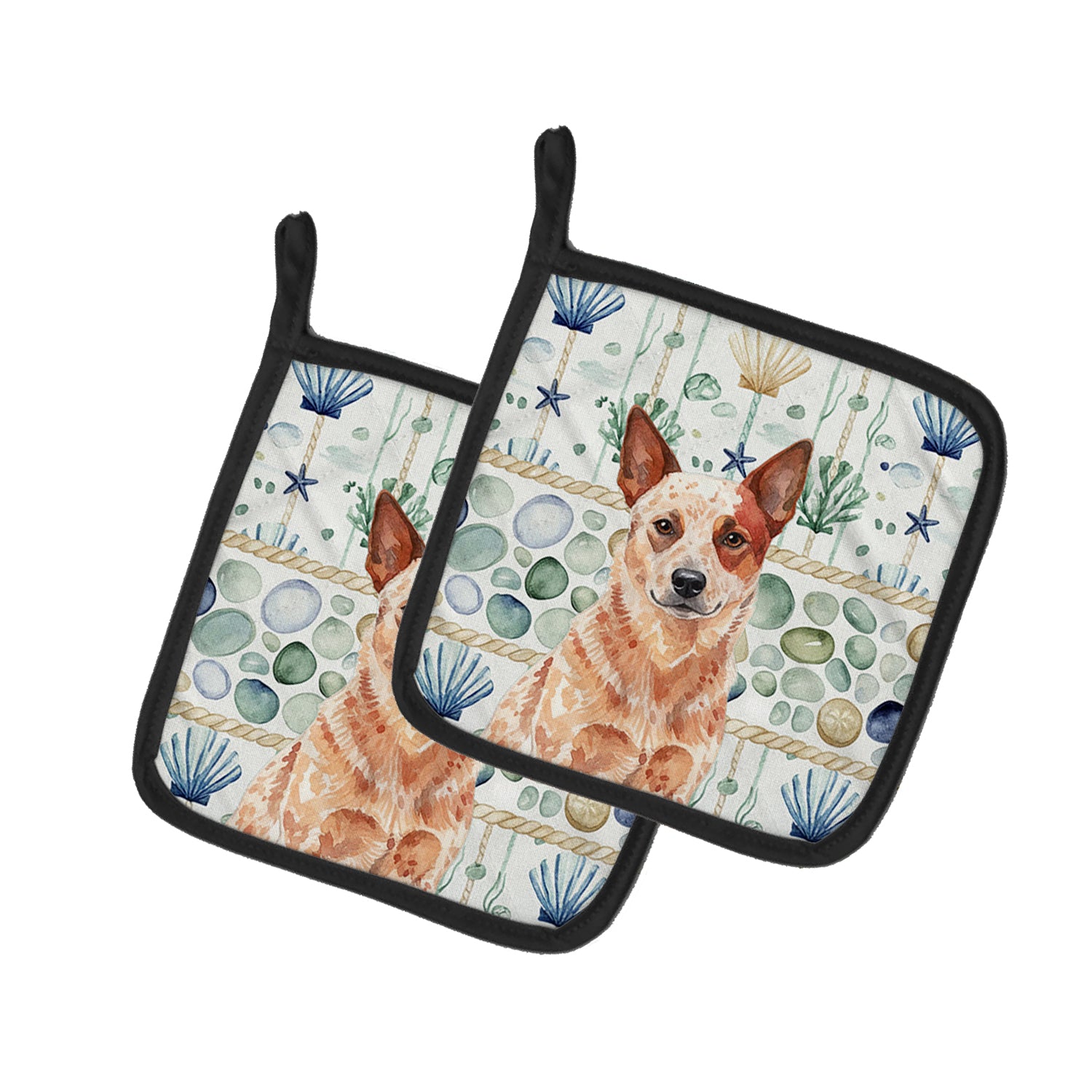 Caroline's Treasures Red Heeler Australian Cattle Dog Coastal Sea Glass Pair of Pot Holders