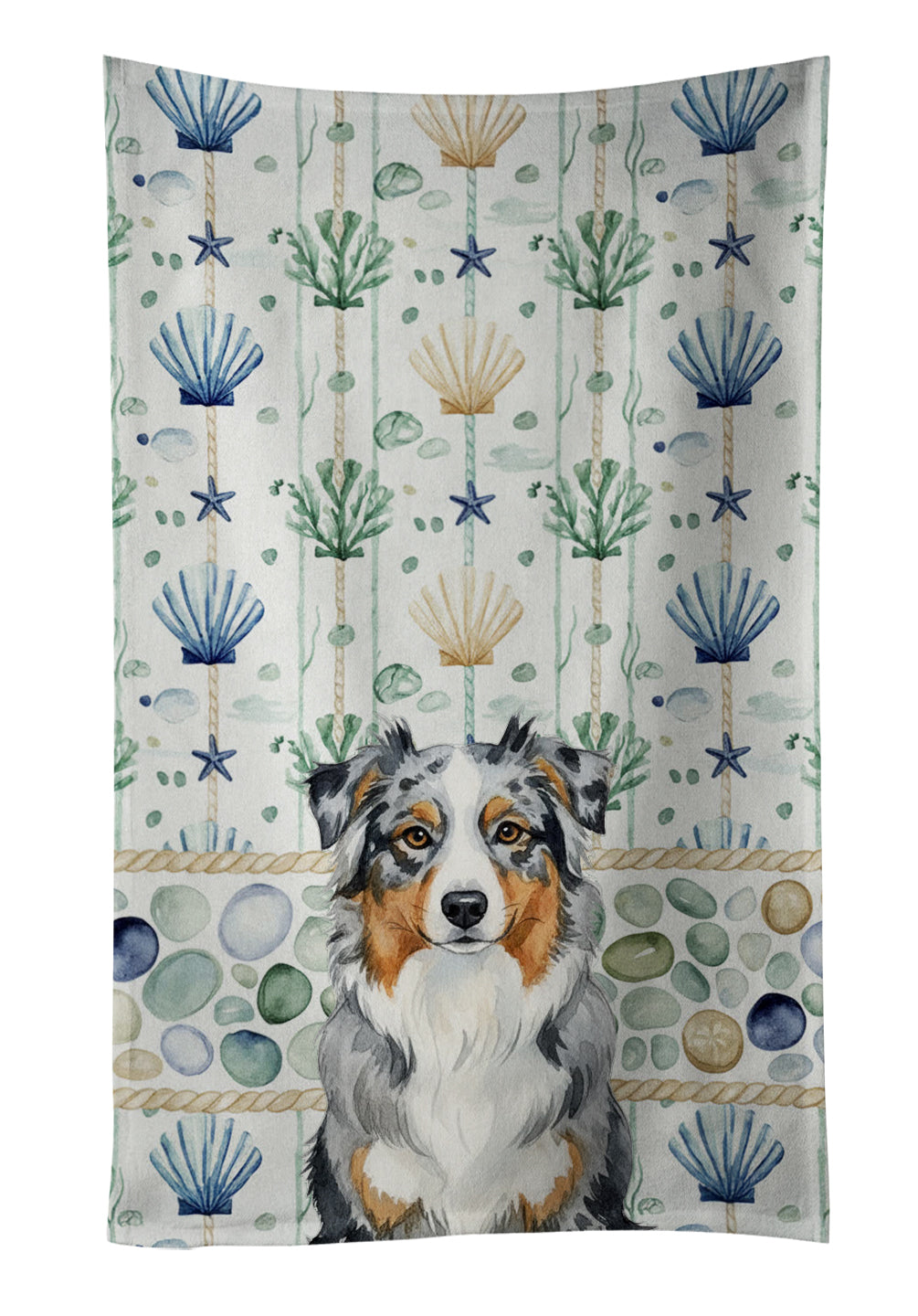 Caroline's Treasures Blue Merle Australian Shepherd Coastal Sea Glass Kitchen Towel