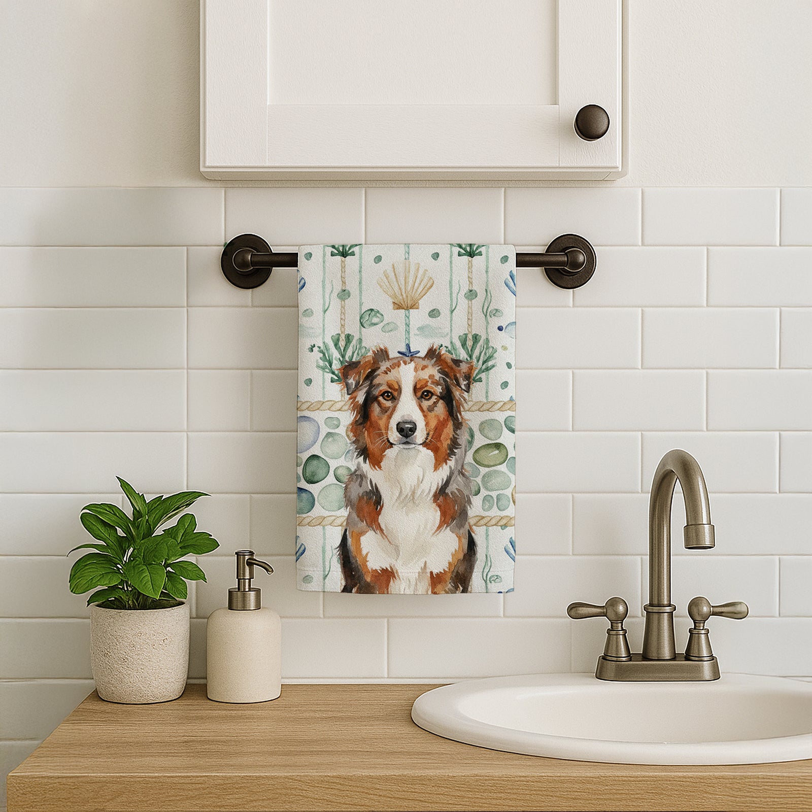 Caroline's Treasures Red Merle Australian Shepherd Coastal Sea Glass Kitchen Towel
