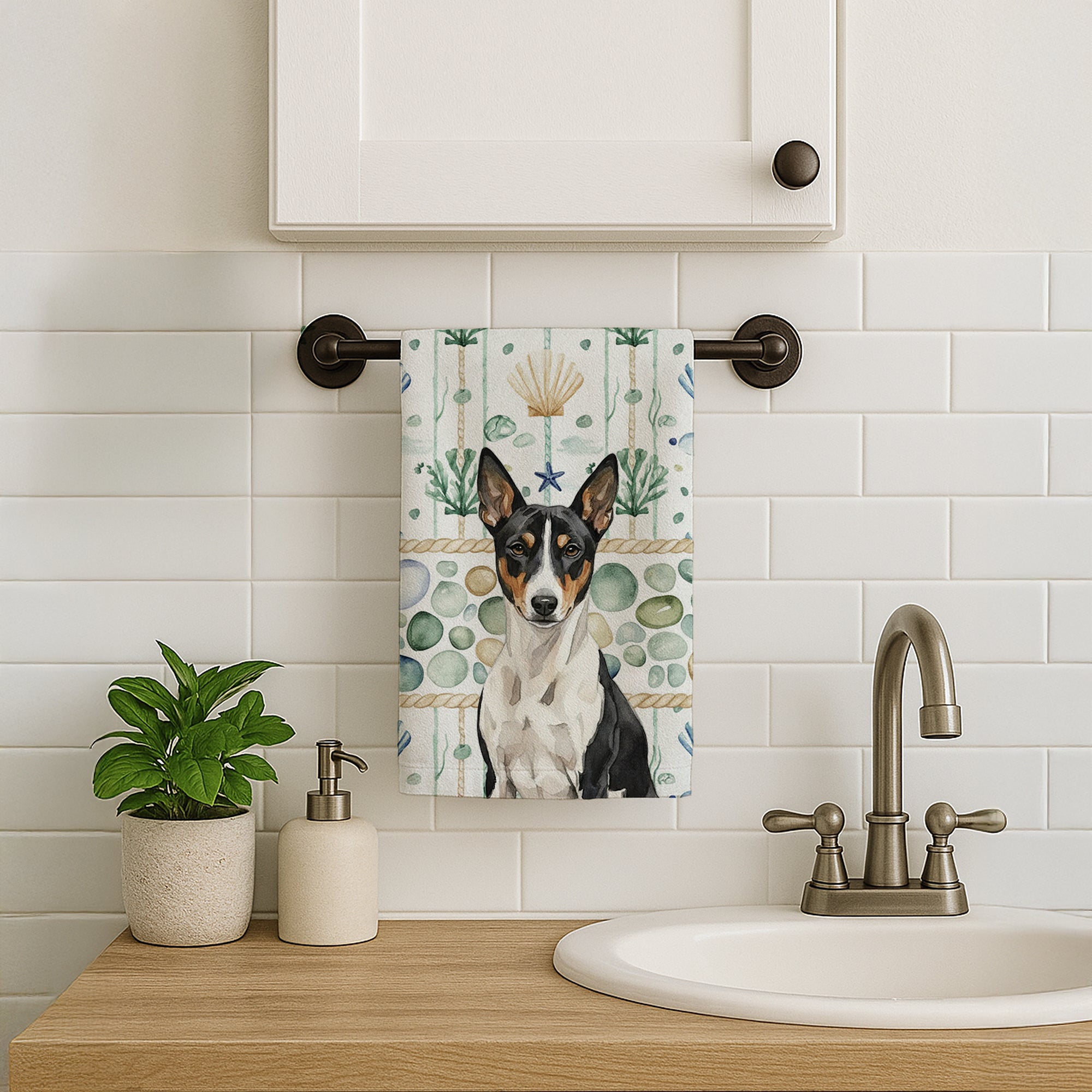 Caroline's Treasures Black and White Basenji Coastal Sea Glass Kitchen Towel