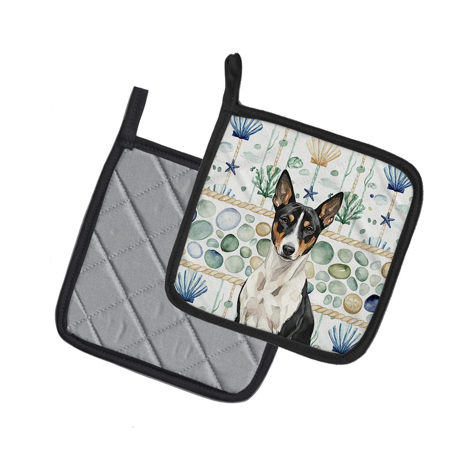Caroline's Treasures Black and White Basenji Coastal Sea Glass Pair of Pot Holders