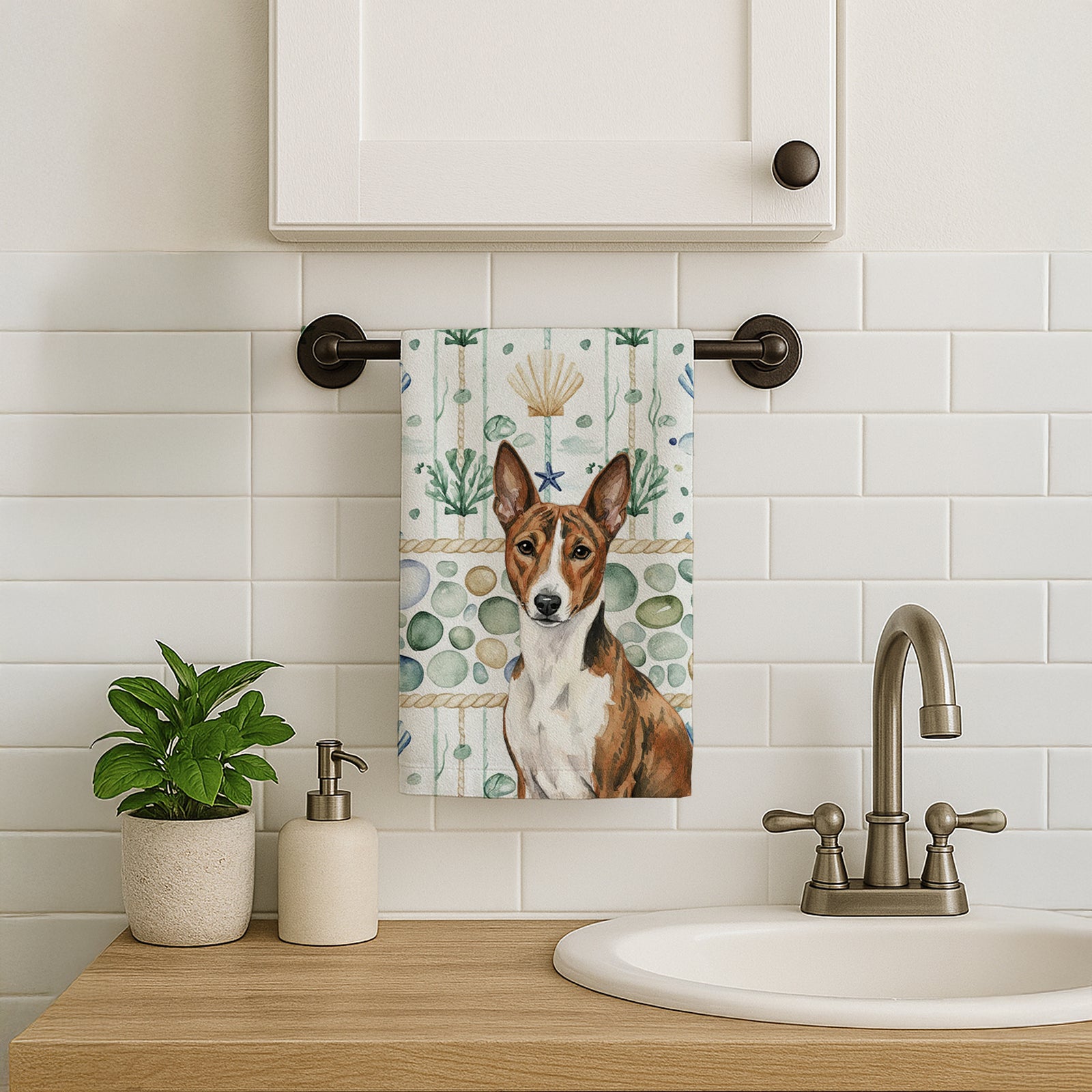 Caroline's Treasures Brindle and White Basenji Coastal Sea Glass Kitchen Towel