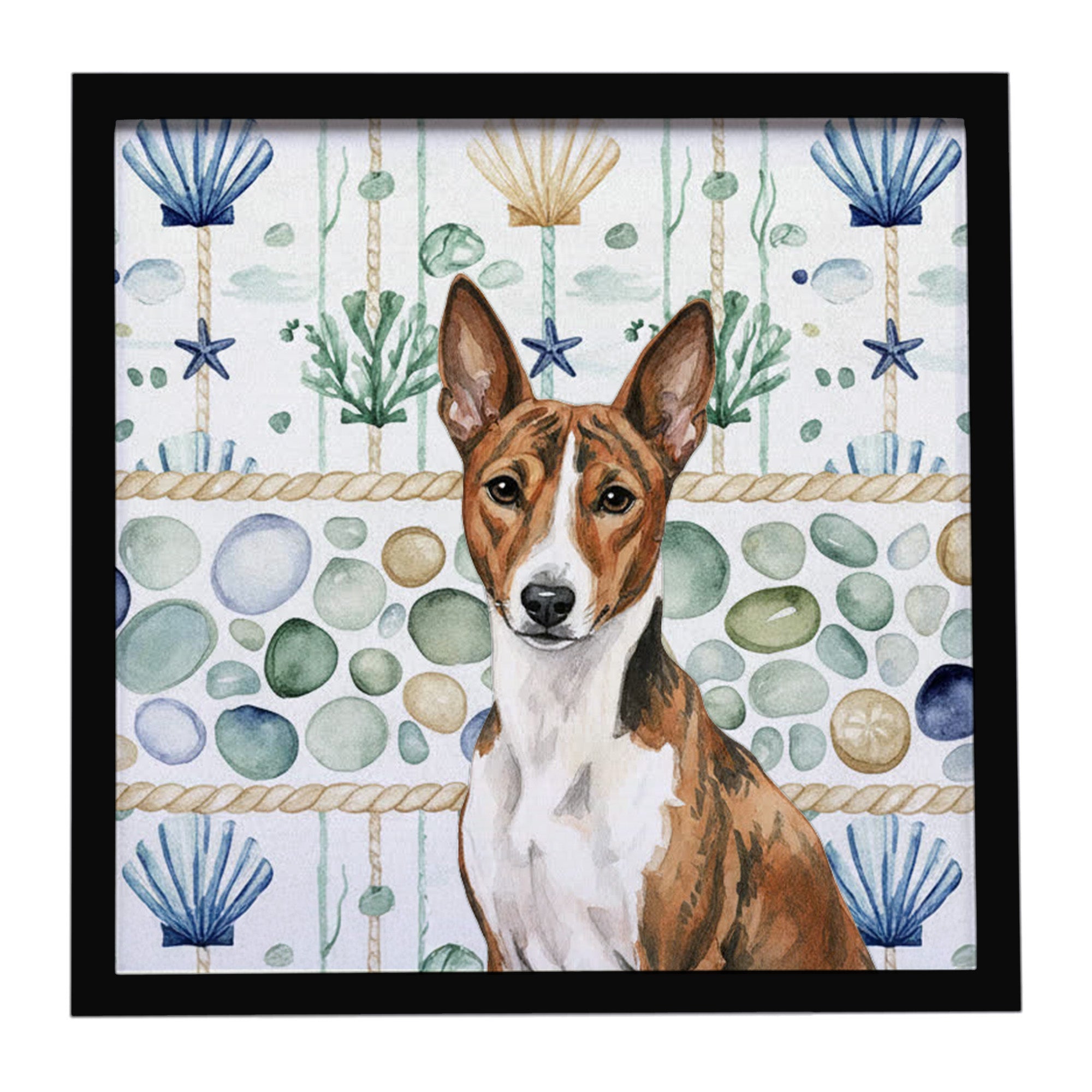 Caroline's Treasures Brindle and White Basenji Coastal Sea Glass Framed Metal Print
