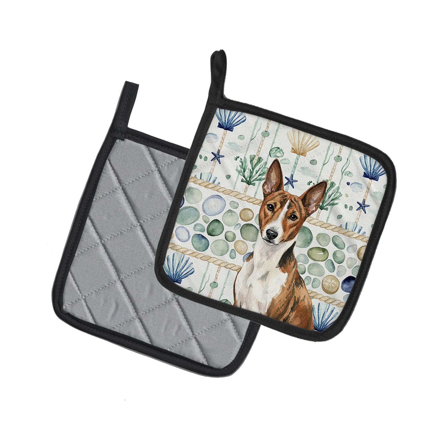 Caroline's Treasures Brindle and White Basenji Coastal Sea Glass Pair of Pot Holders