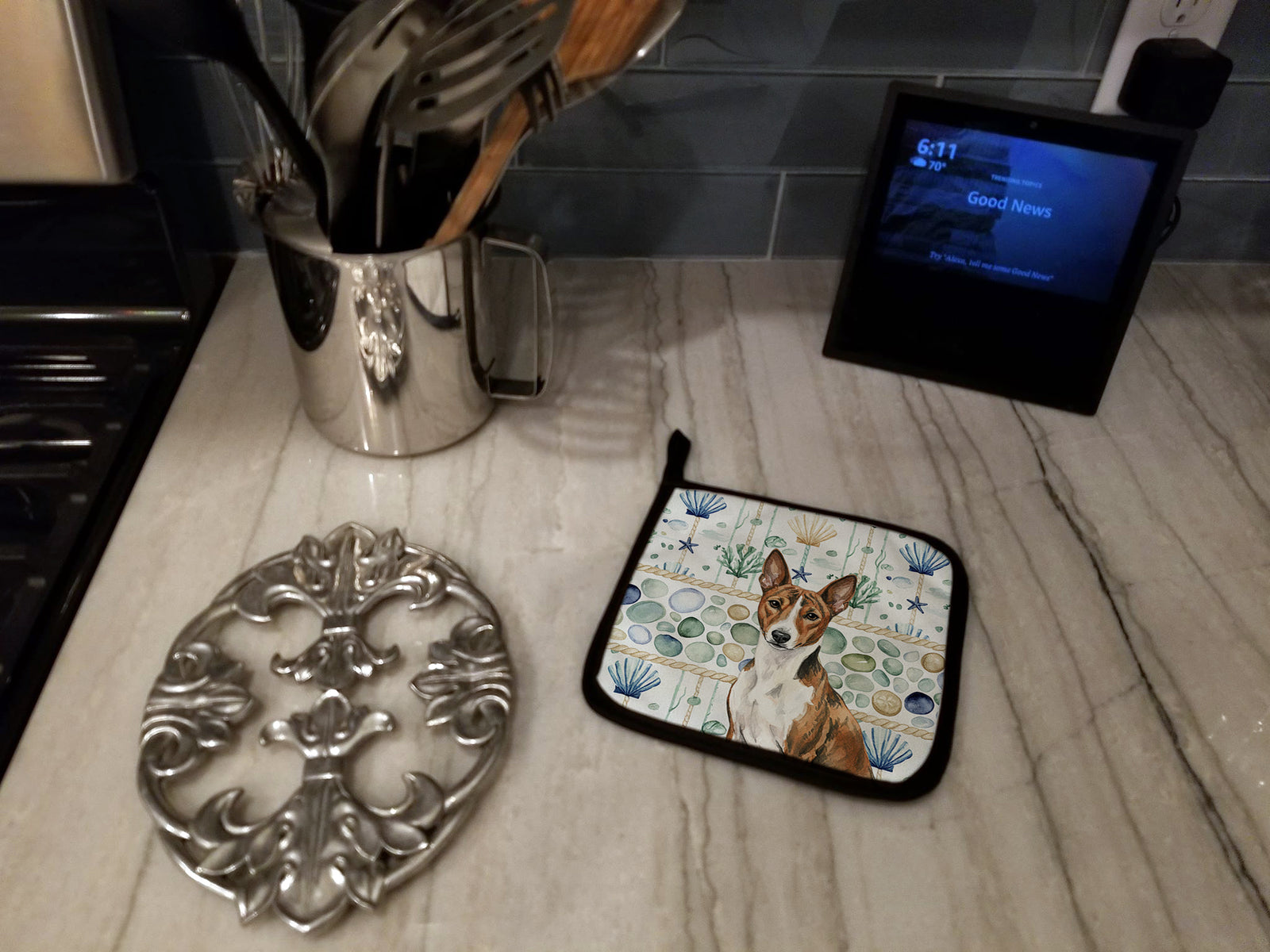 Caroline's Treasures Brindle and White Basenji Coastal Sea Glass Pair of Pot Holders
