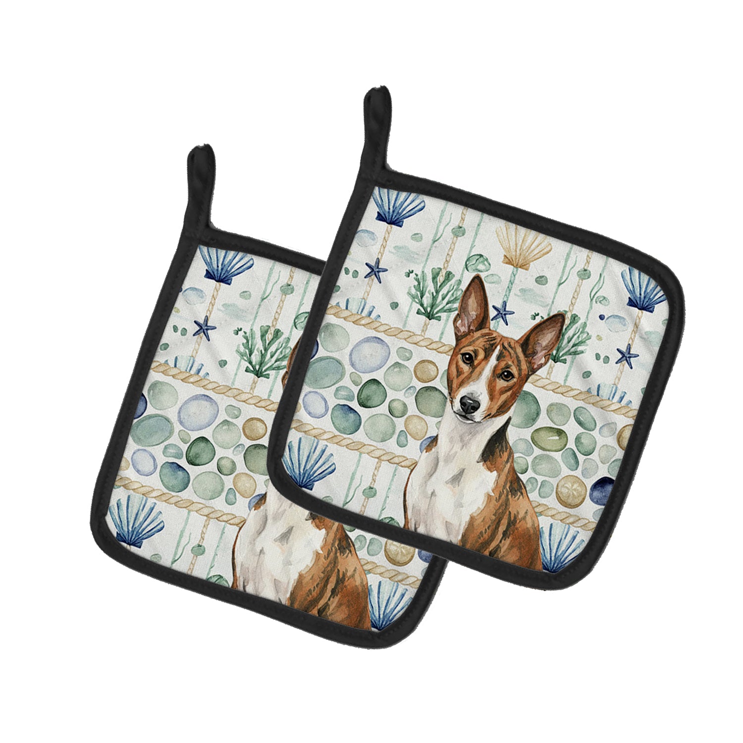 Caroline's Treasures Brindle and White Basenji Coastal Sea Glass Pair of Pot Holders