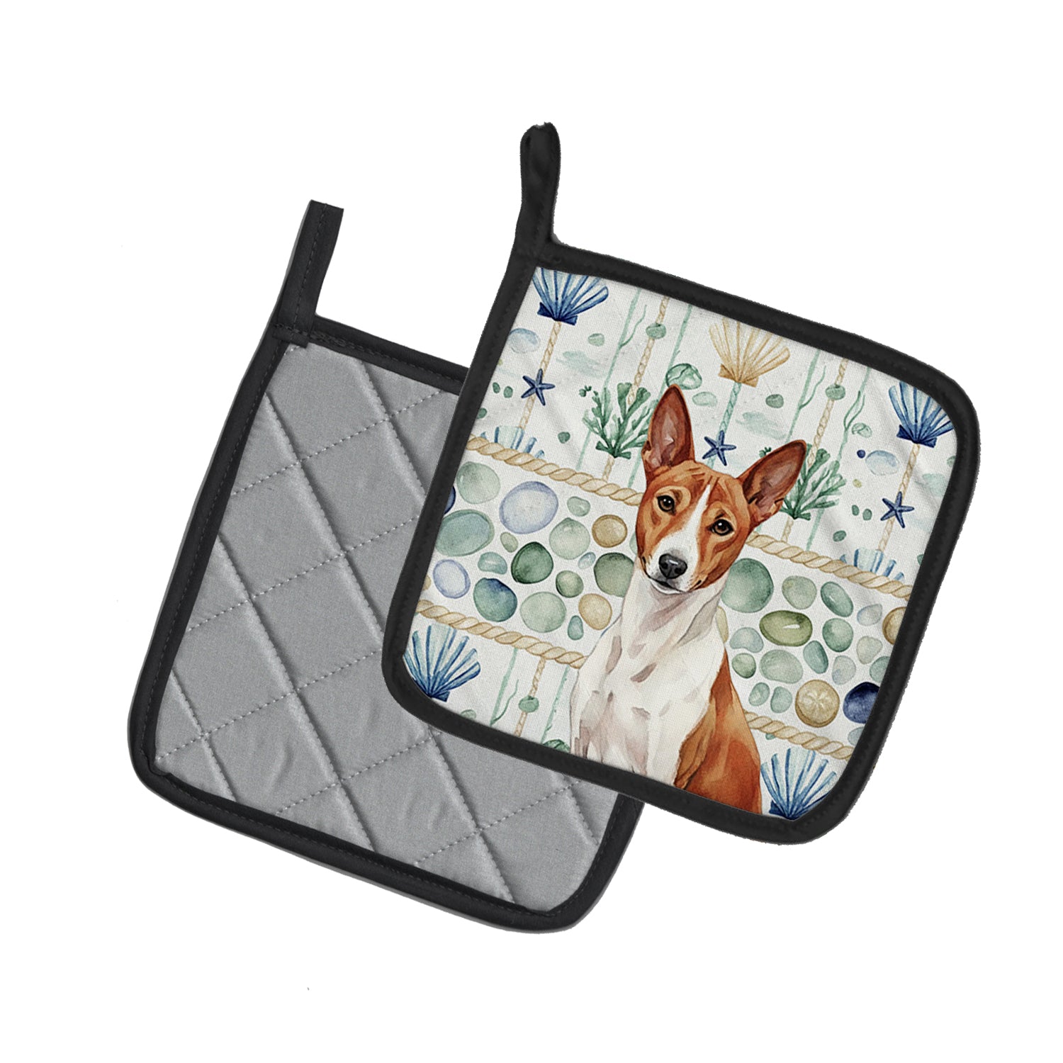 Caroline's Treasures Red and White Basenji Coastal Sea Glass Pair of Pot Holders
