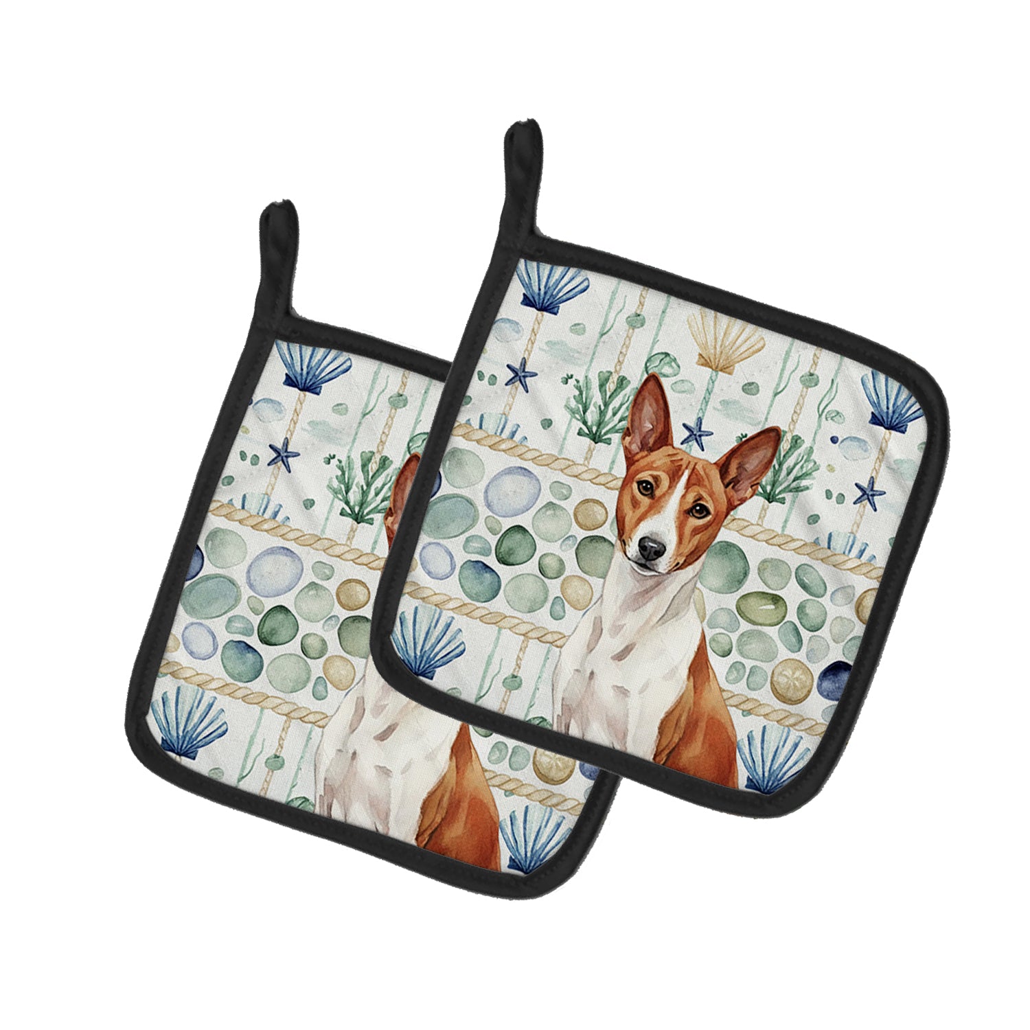 Caroline's Treasures Red and White Basenji Coastal Sea Glass Pair of Pot Holders