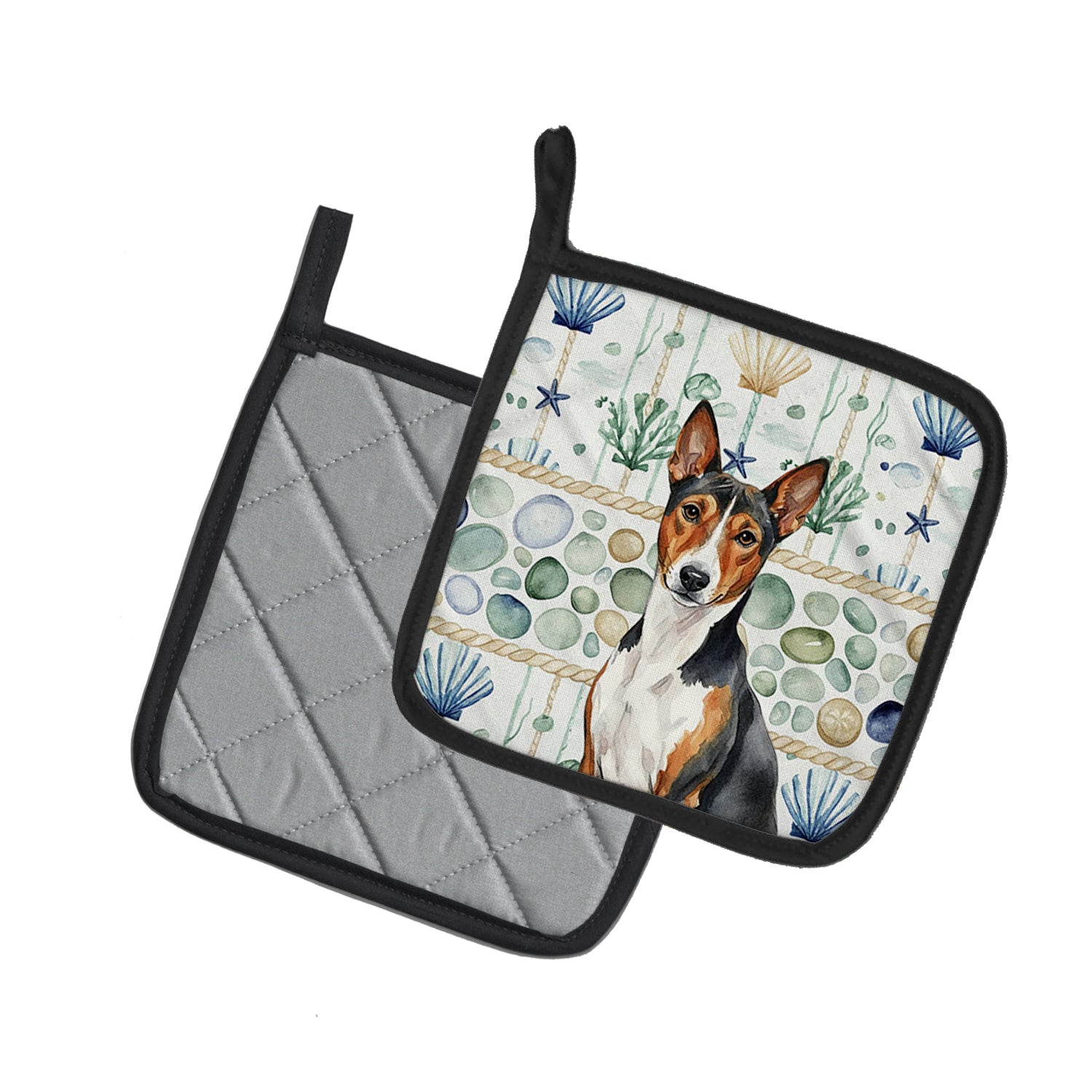 Caroline's Treasures Tricolor and White Basenji Coastal Sea Glass Pair of Pot Holders