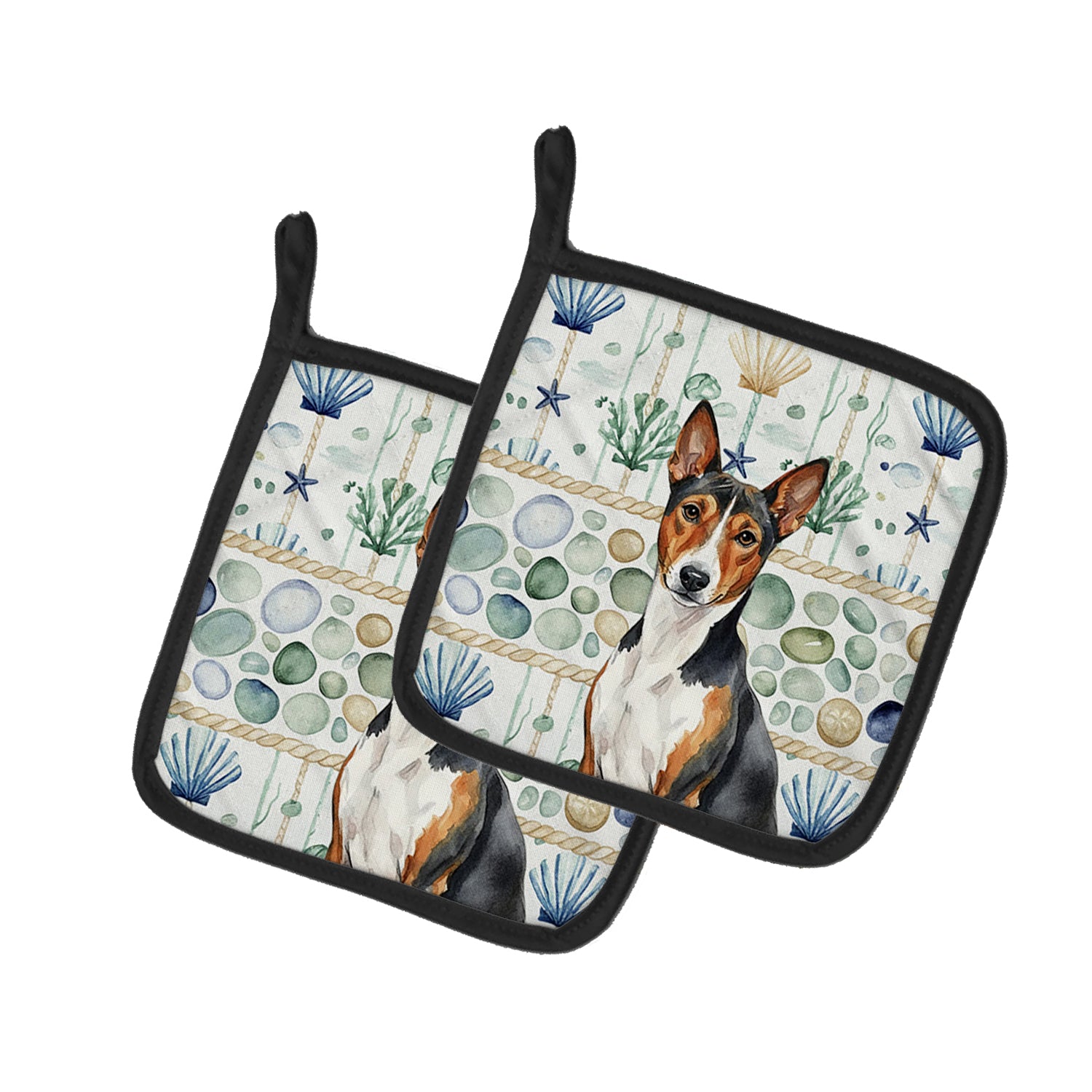 Caroline's Treasures Tricolor and White Basenji Coastal Sea Glass Pair of Pot Holders