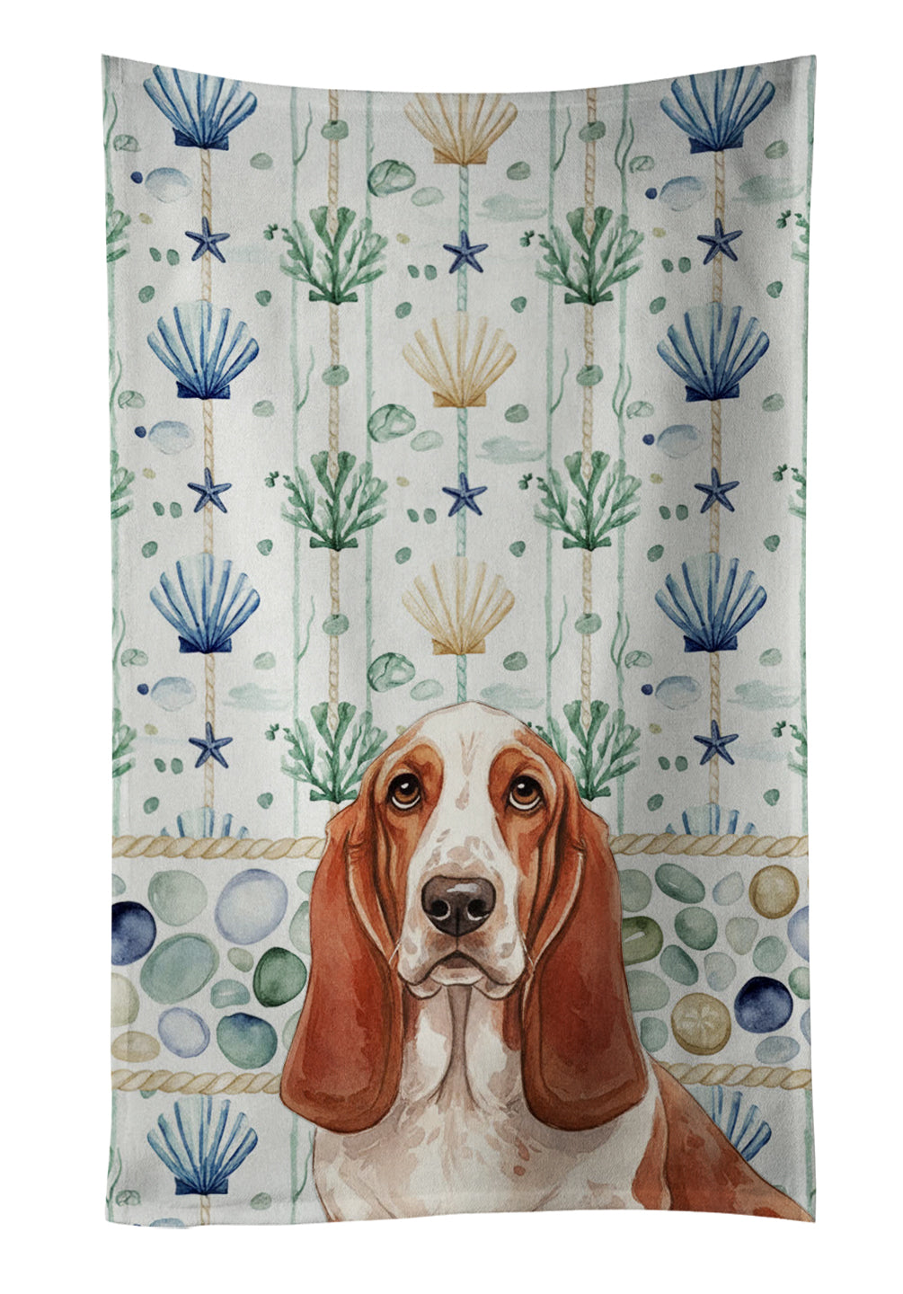 Caroline's Treasures Red and White Basset Hound Coastal Sea Glass Kitchen Towel