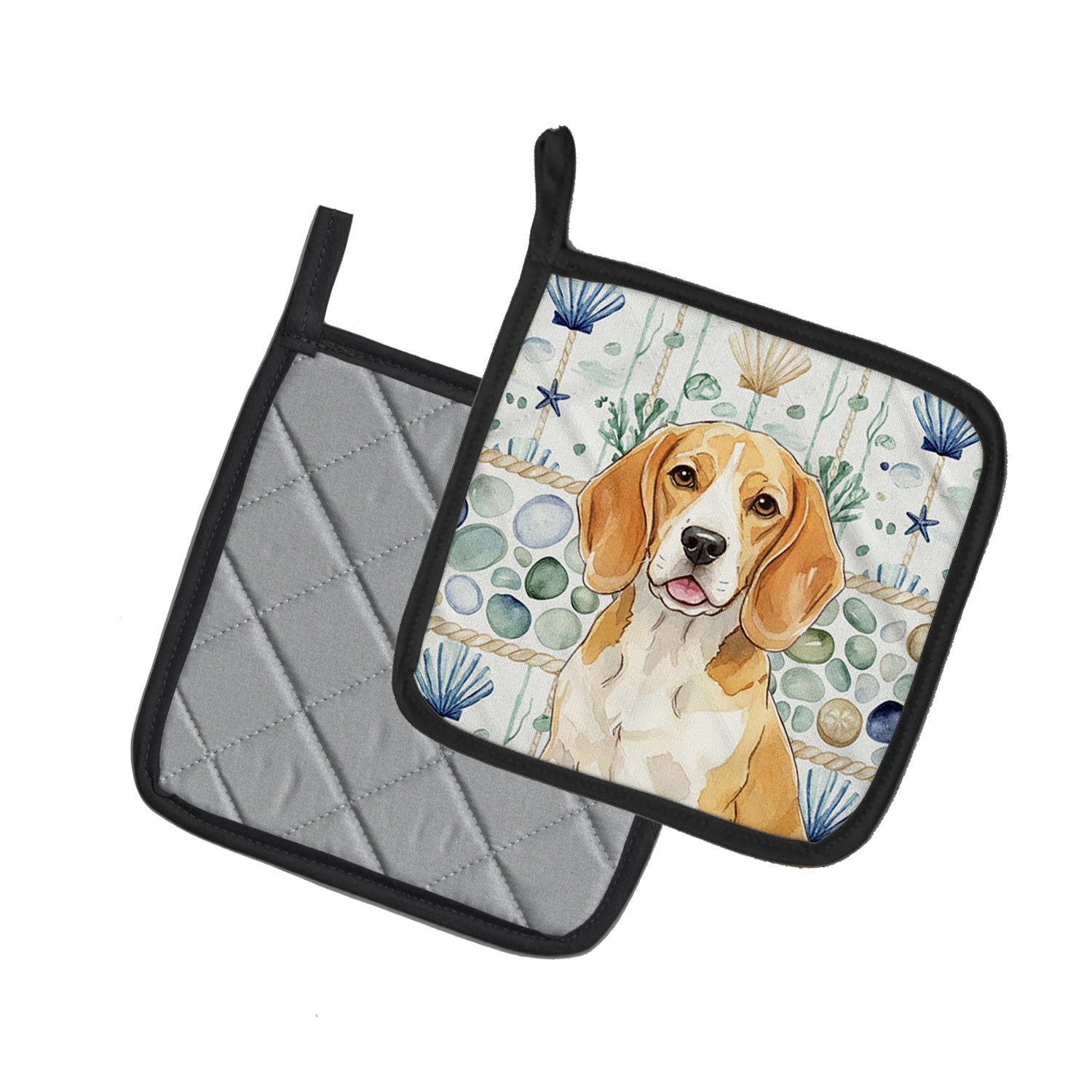 Caroline's Treasures Lemon and White Beagle Coastal Sea Glass Pair of Pot Holders