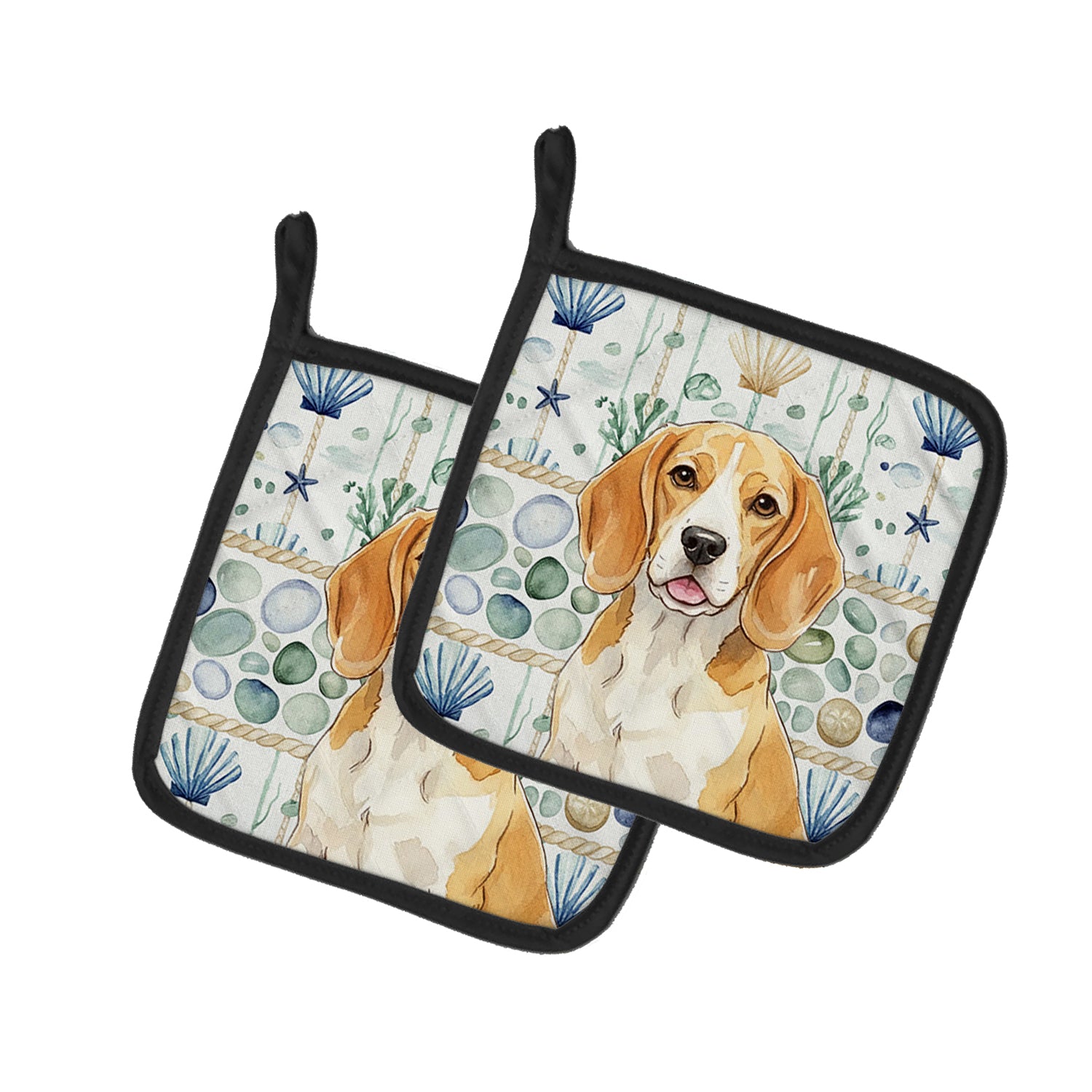 Caroline's Treasures Lemon and White Beagle Coastal Sea Glass Pair of Pot Holders