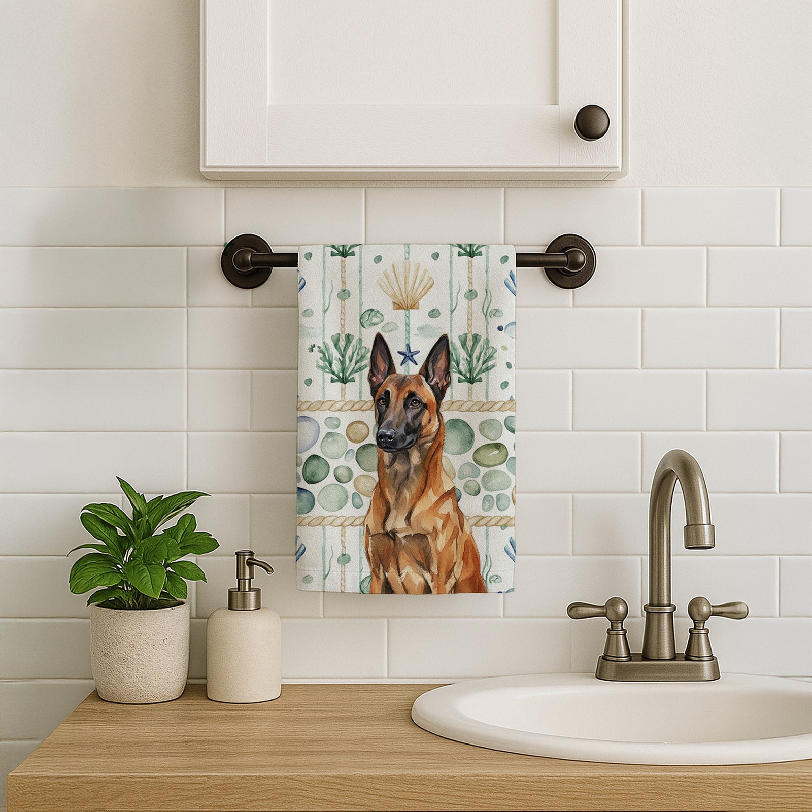 Caroline's Treasures Mahogany Belgian Malinois Coastal Sea Glass Kitchen Towel