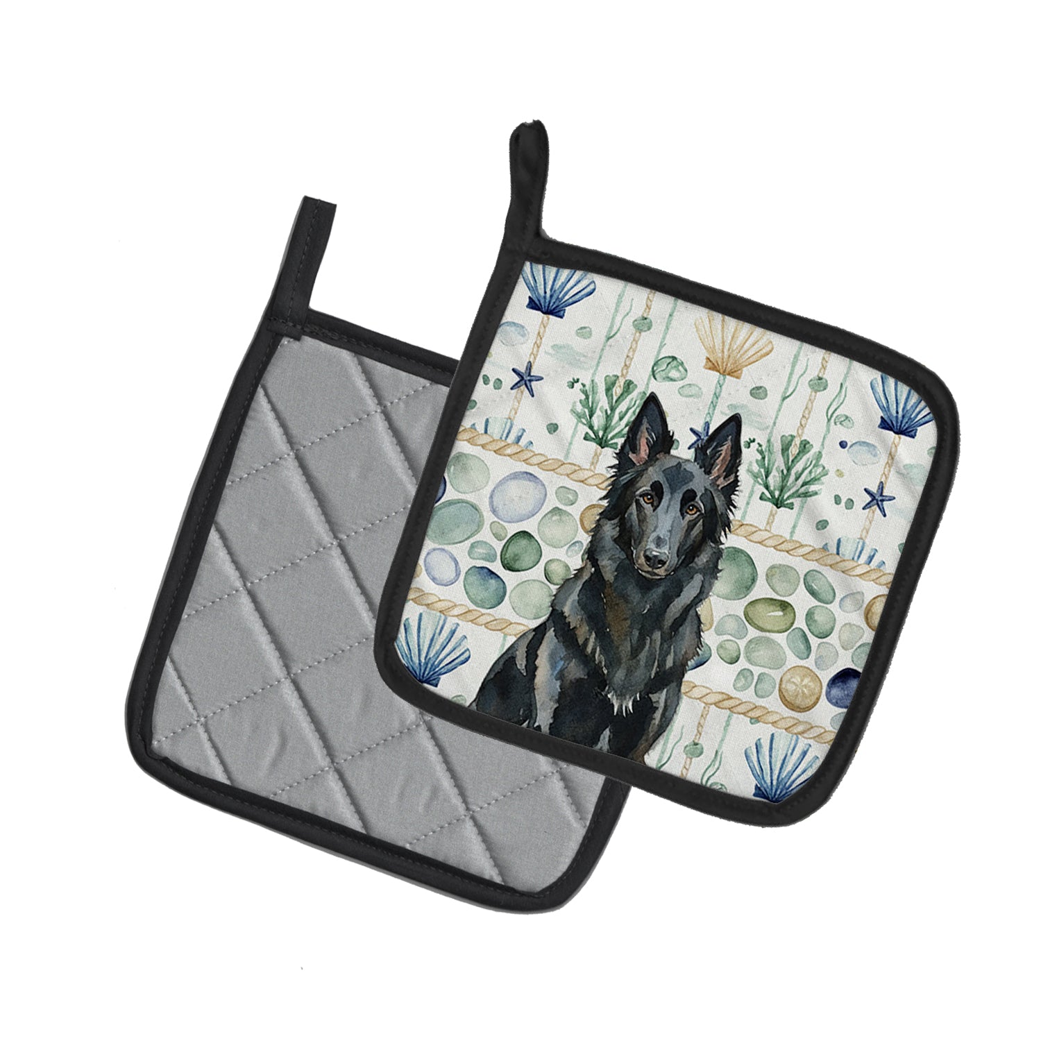 Caroline's Treasures Belgian Sheepdog Groenendael Coastal Sea Glass Pair of Pot Holders