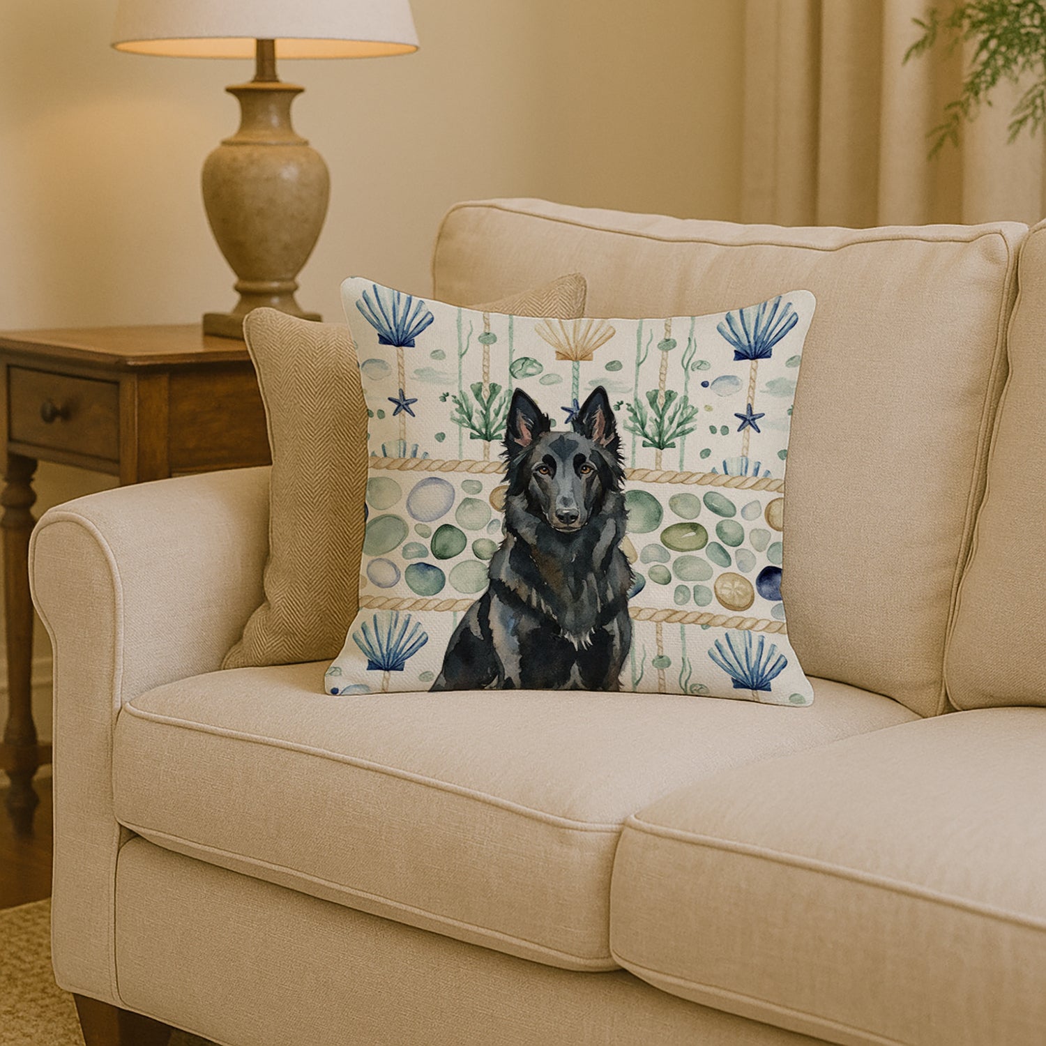 Caroline's Treasures Belgian Sheepdog Groenendael Coastal Sea Glass Throw Pillow