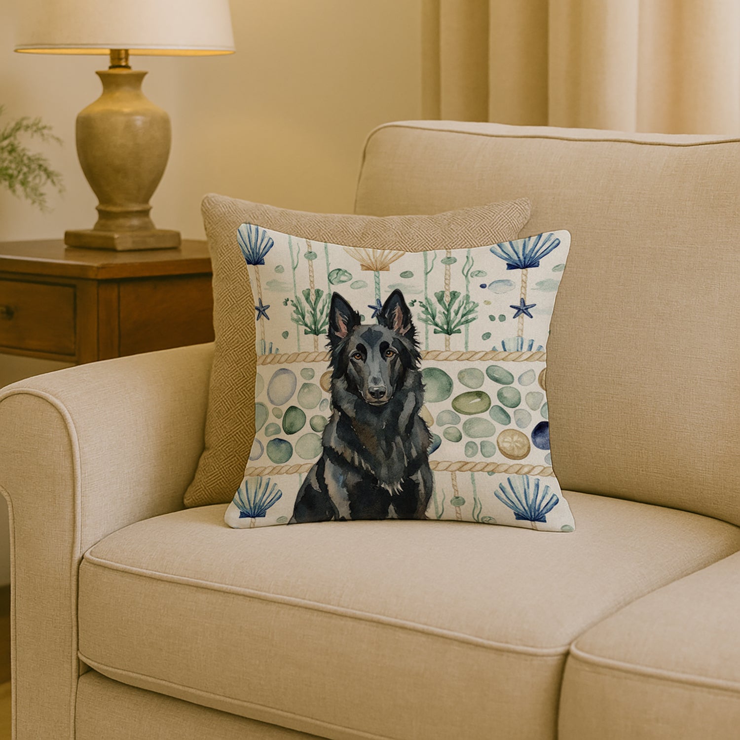 Caroline's Treasures Belgian Sheepdog Groenendael Coastal Sea Glass Throw Pillow
